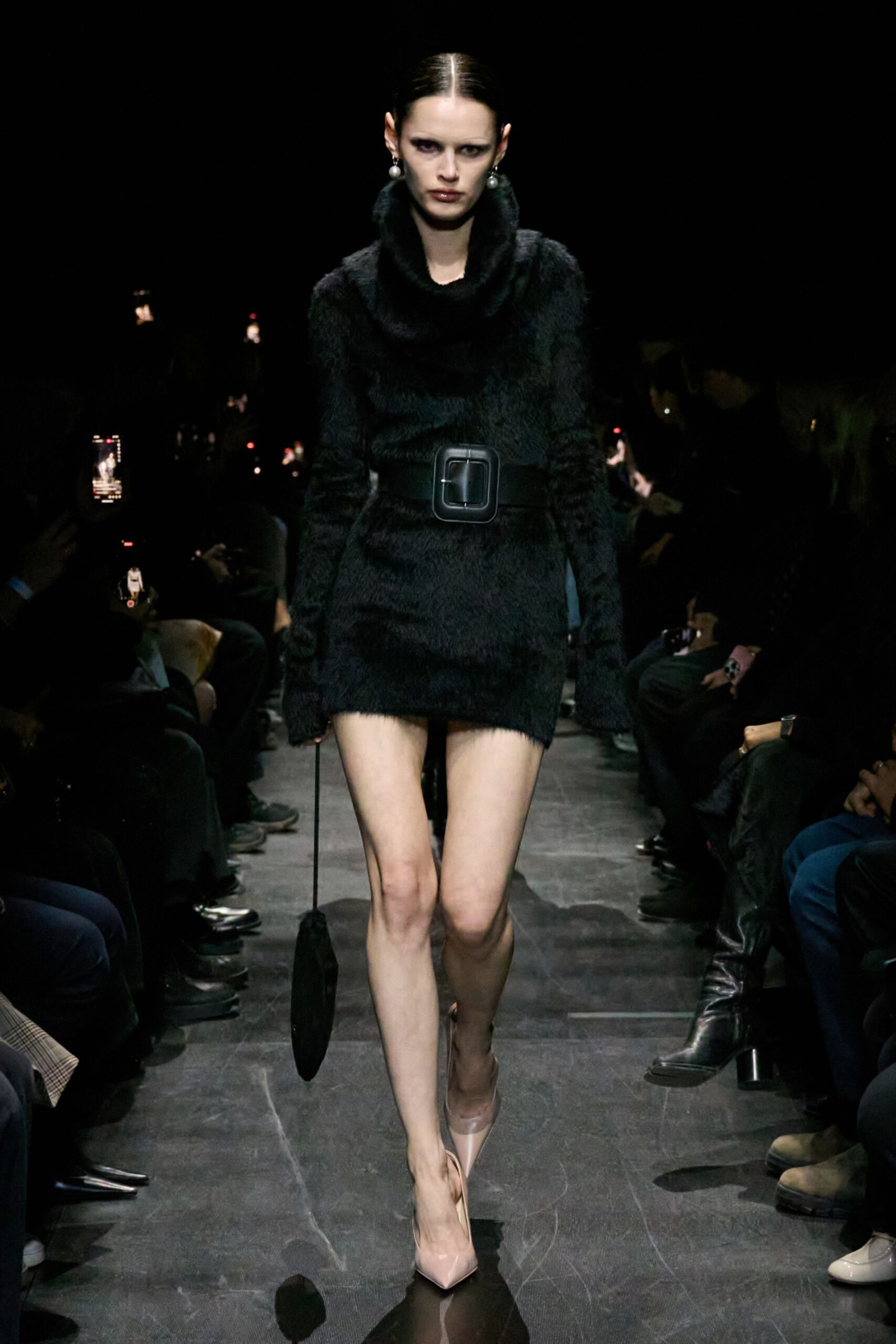 black fur long-sleeve high-neck fitted zippered belted dress
