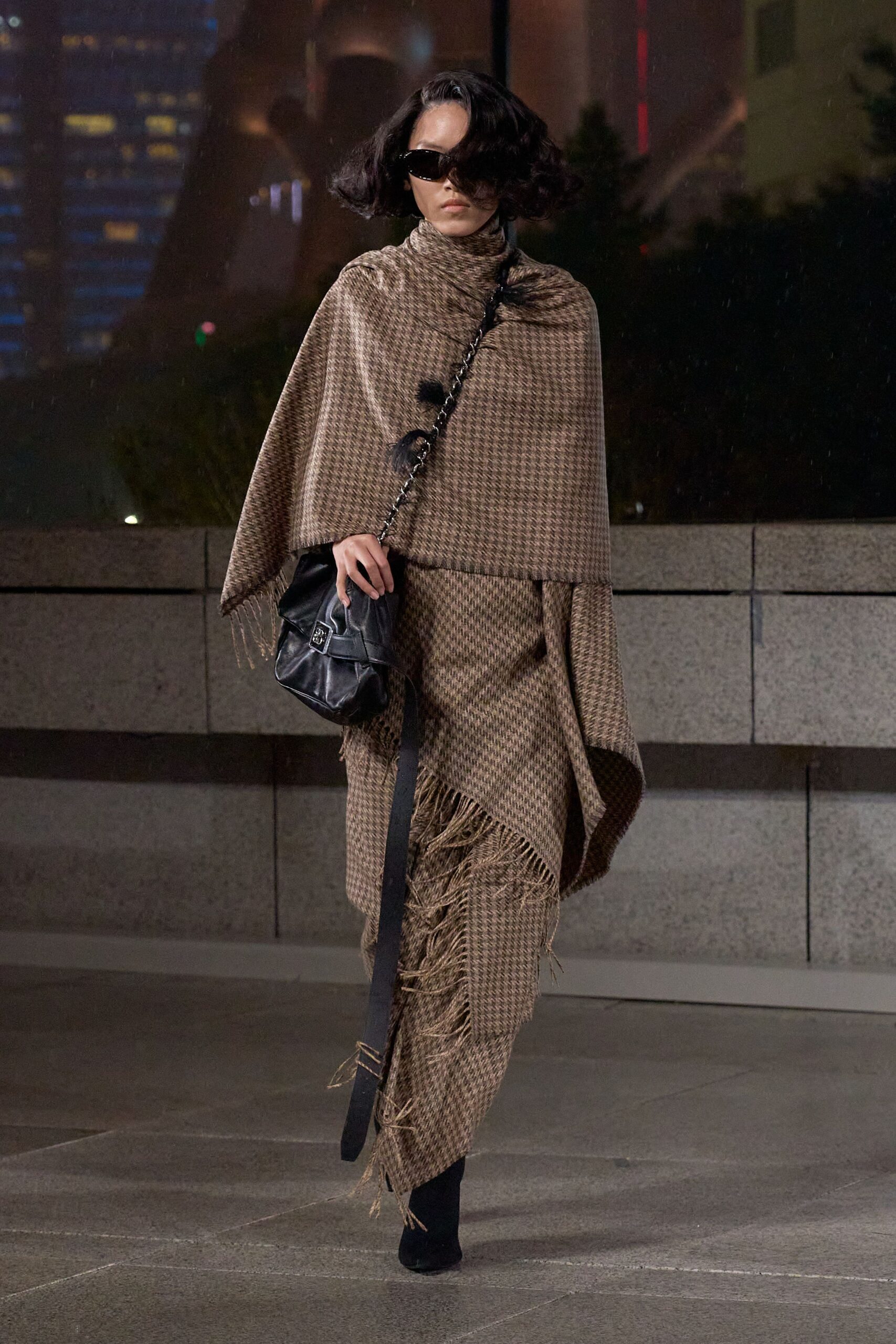 brown wool relaxed checked fringed poncho