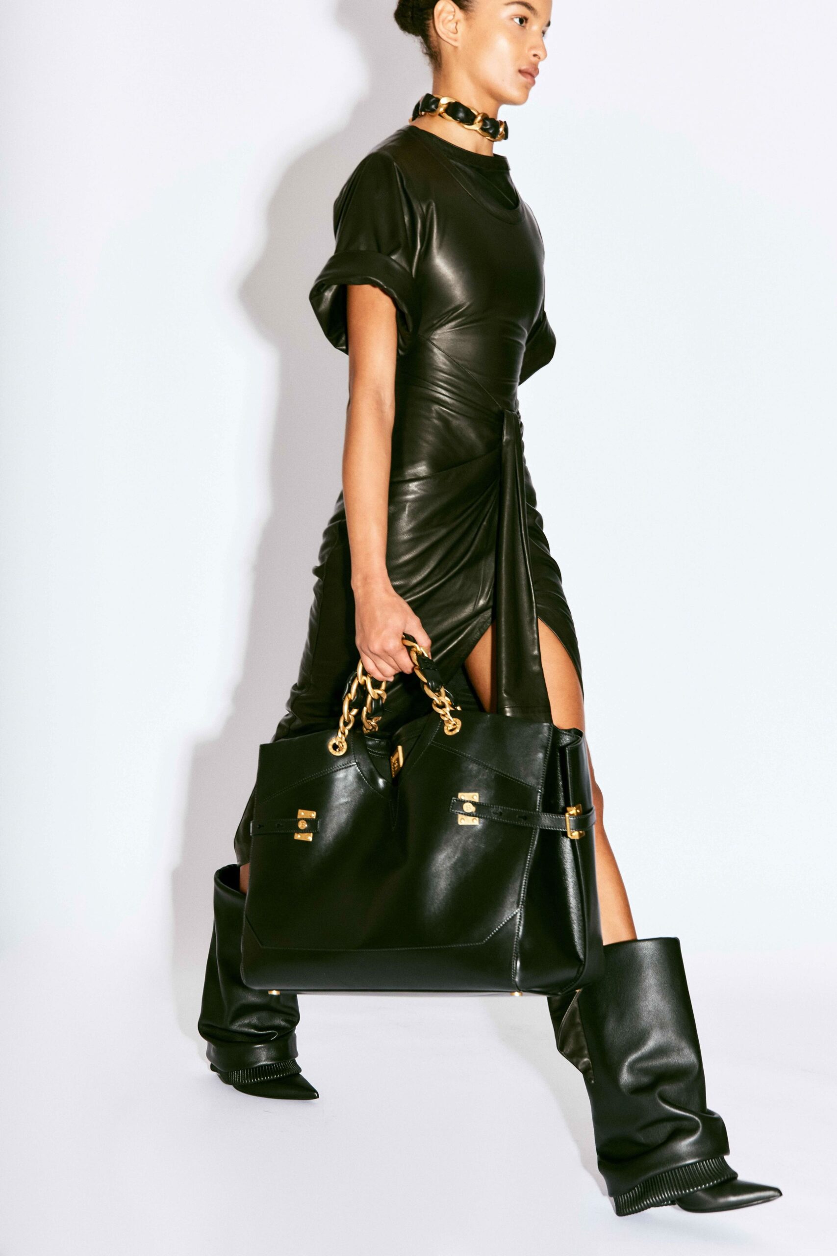 black leather short-sleeve high-neck fitted ruched mini dress