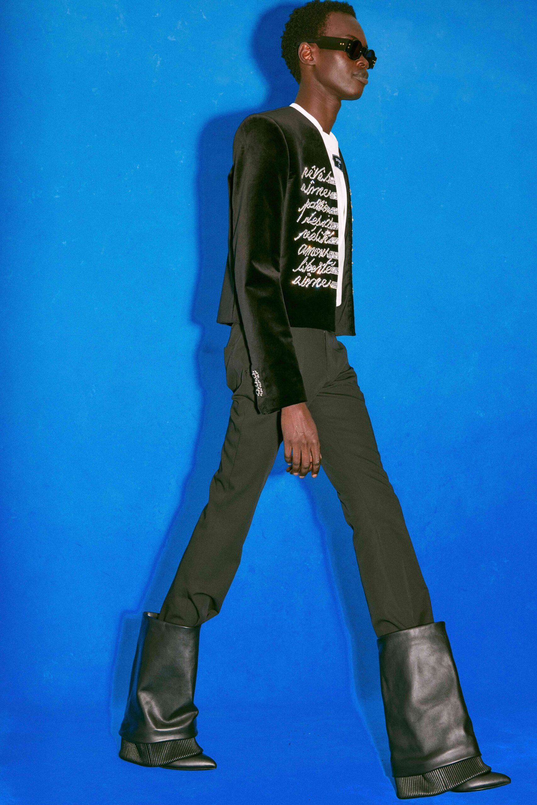 black velvet jacket with printed shirt