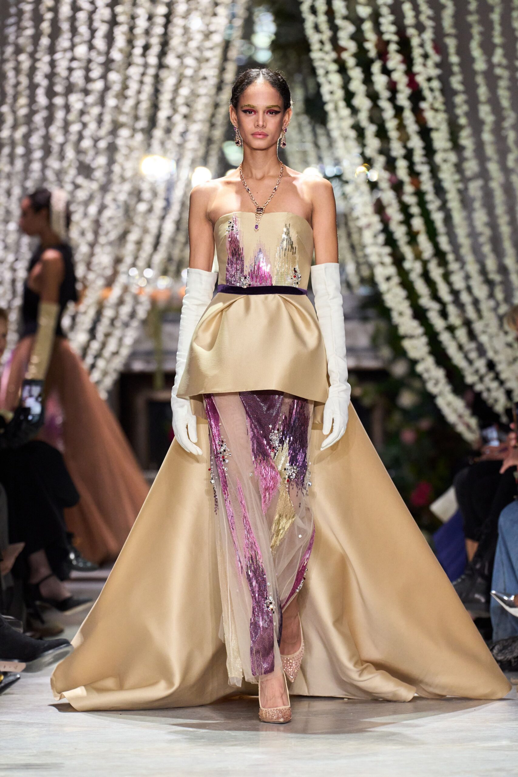 gold silk strapless gown