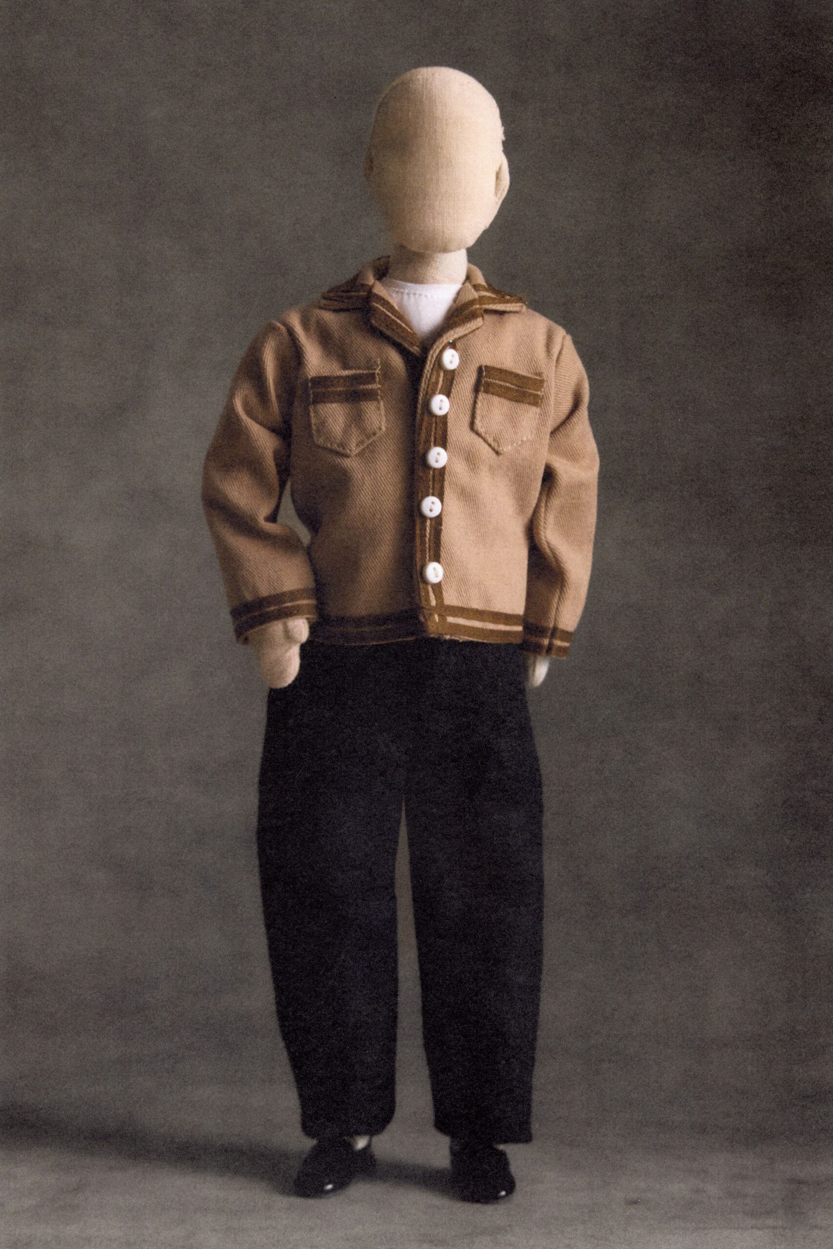 beige wool long-sleeve collared structured buttoned striped jacket