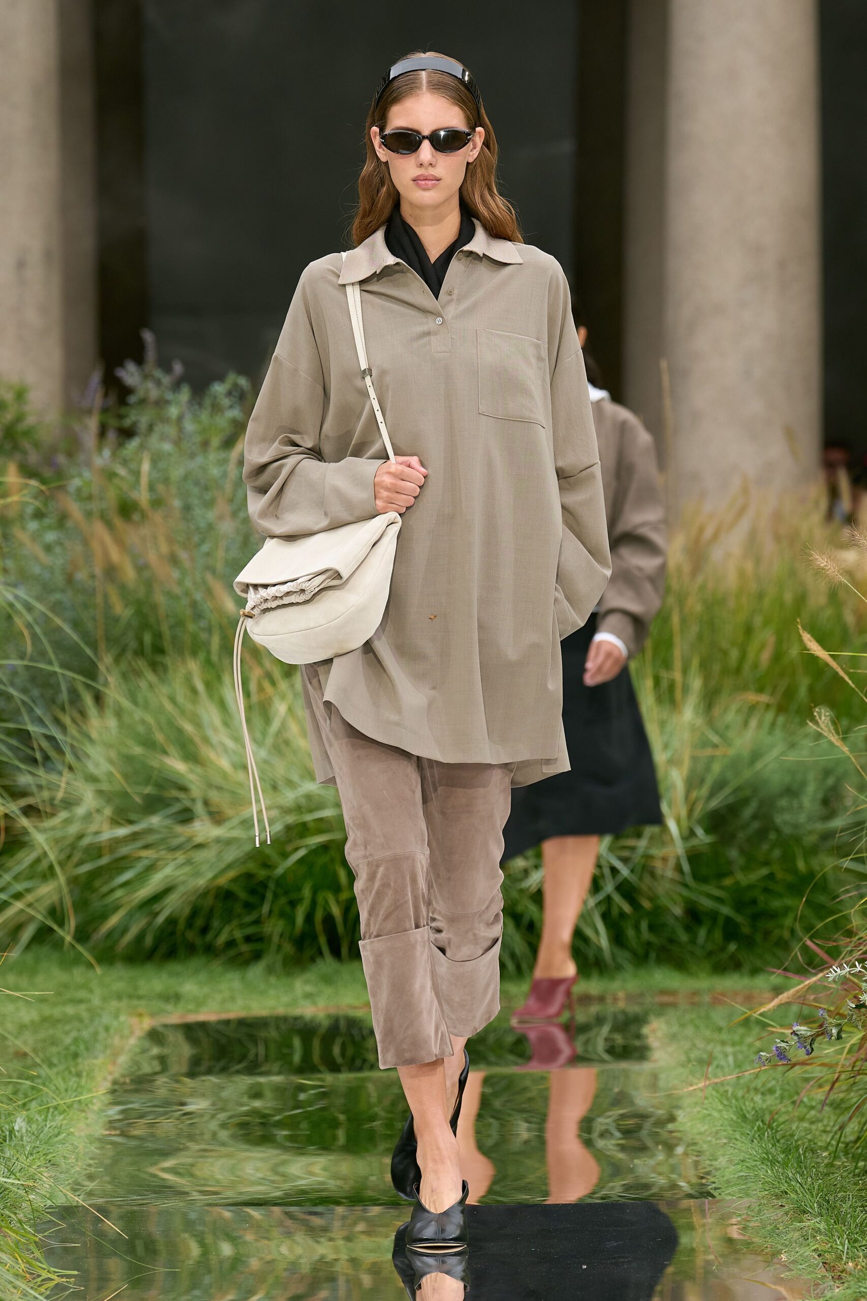 beige oversized shirt with relaxed pants