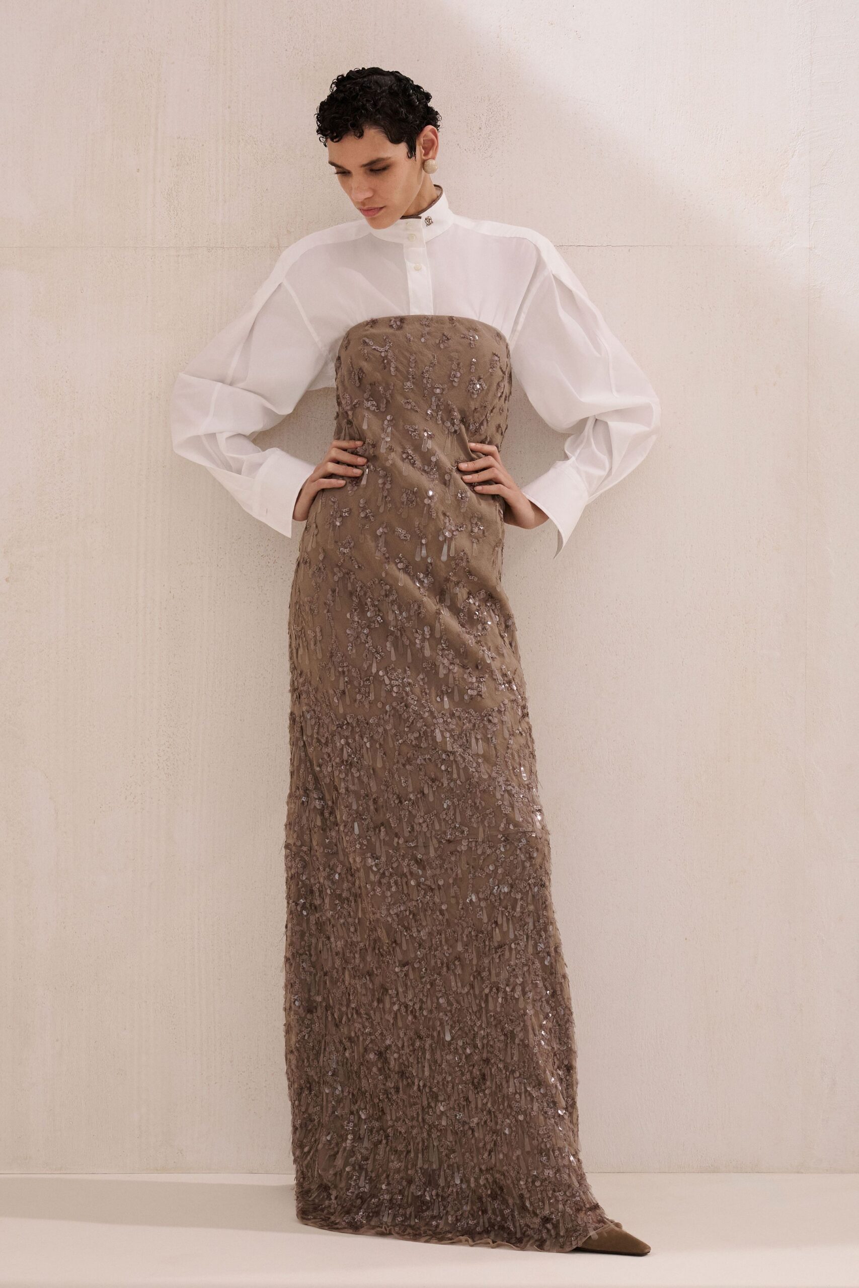 brown silk sleeveless high-neck fitted sequined straight-leg gown