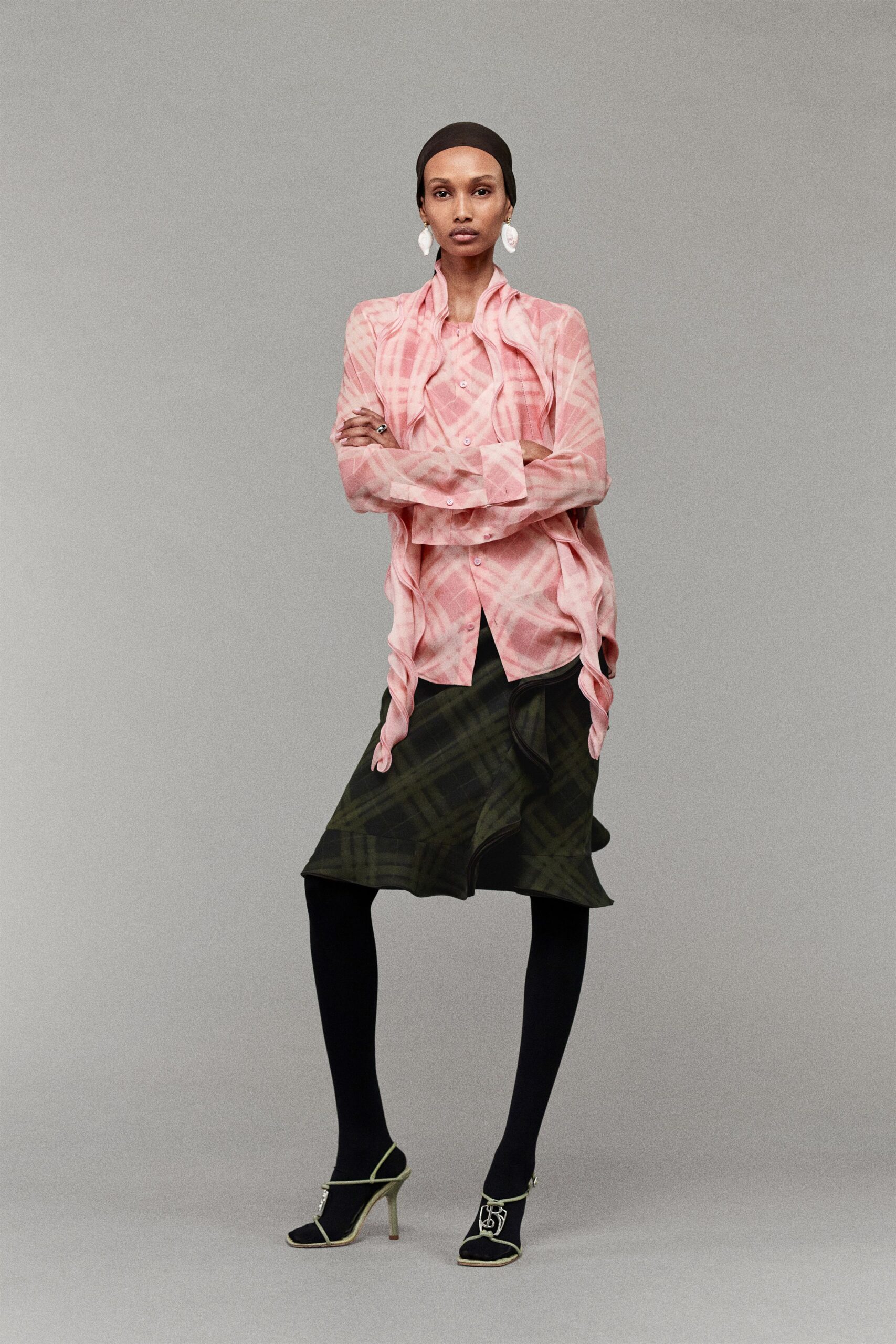 pink silk long-sleeve collared relaxed ruffled top