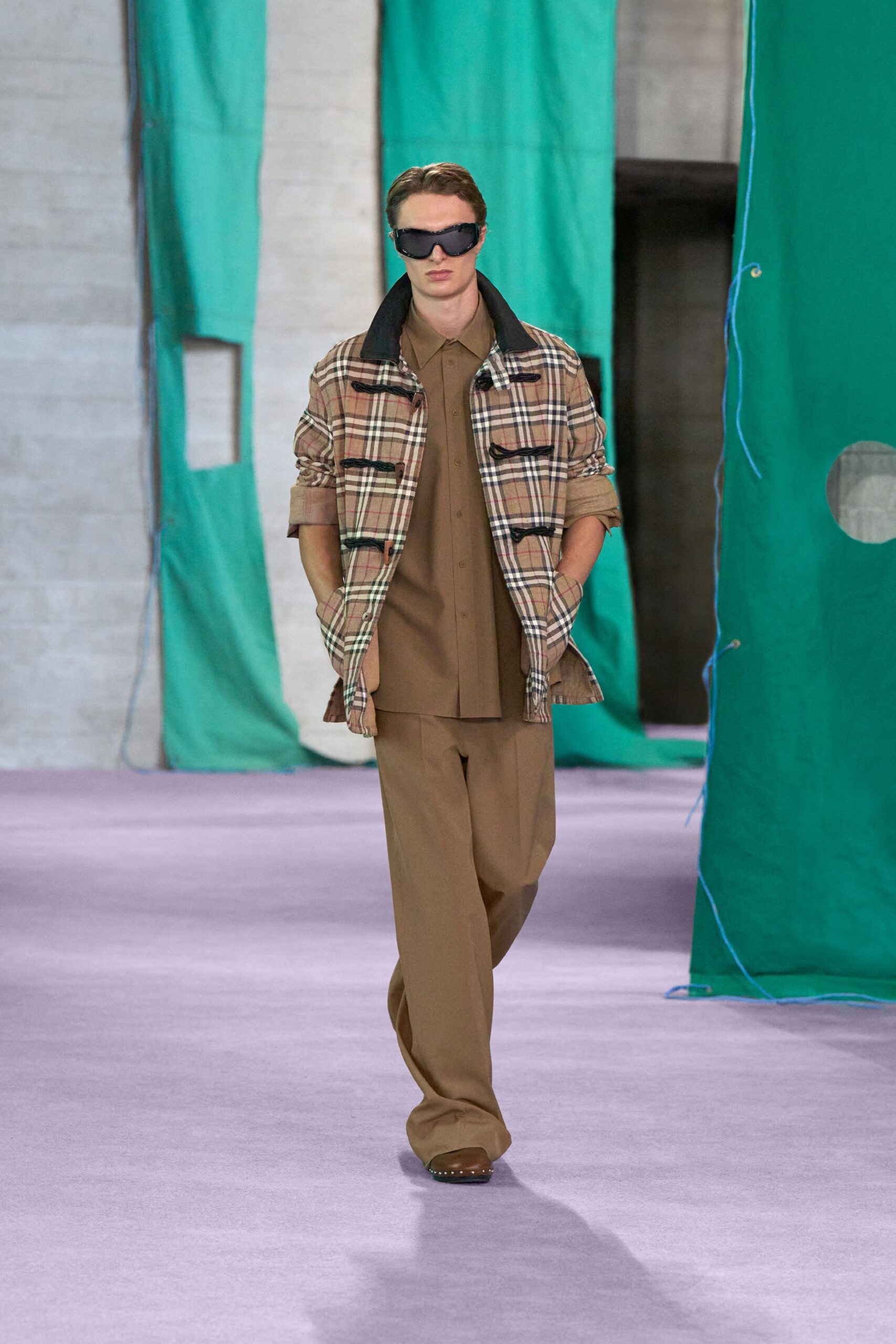 brown checked jacket with relaxed pants