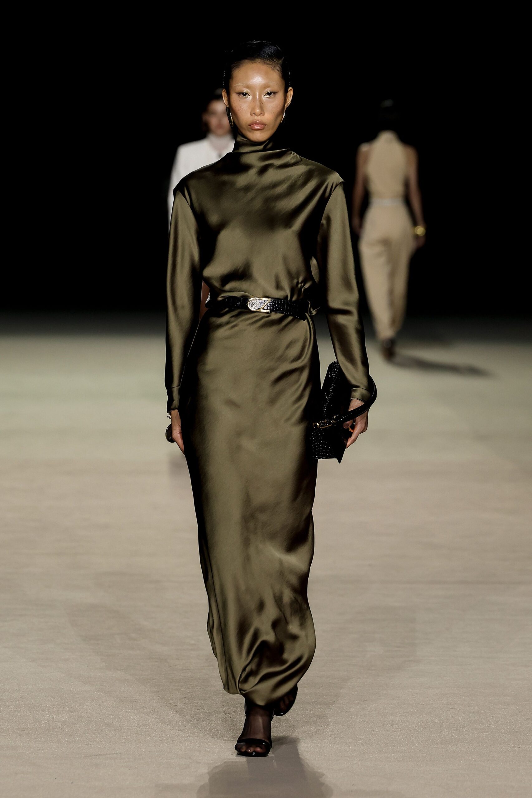 olive silk long-sleeve gown