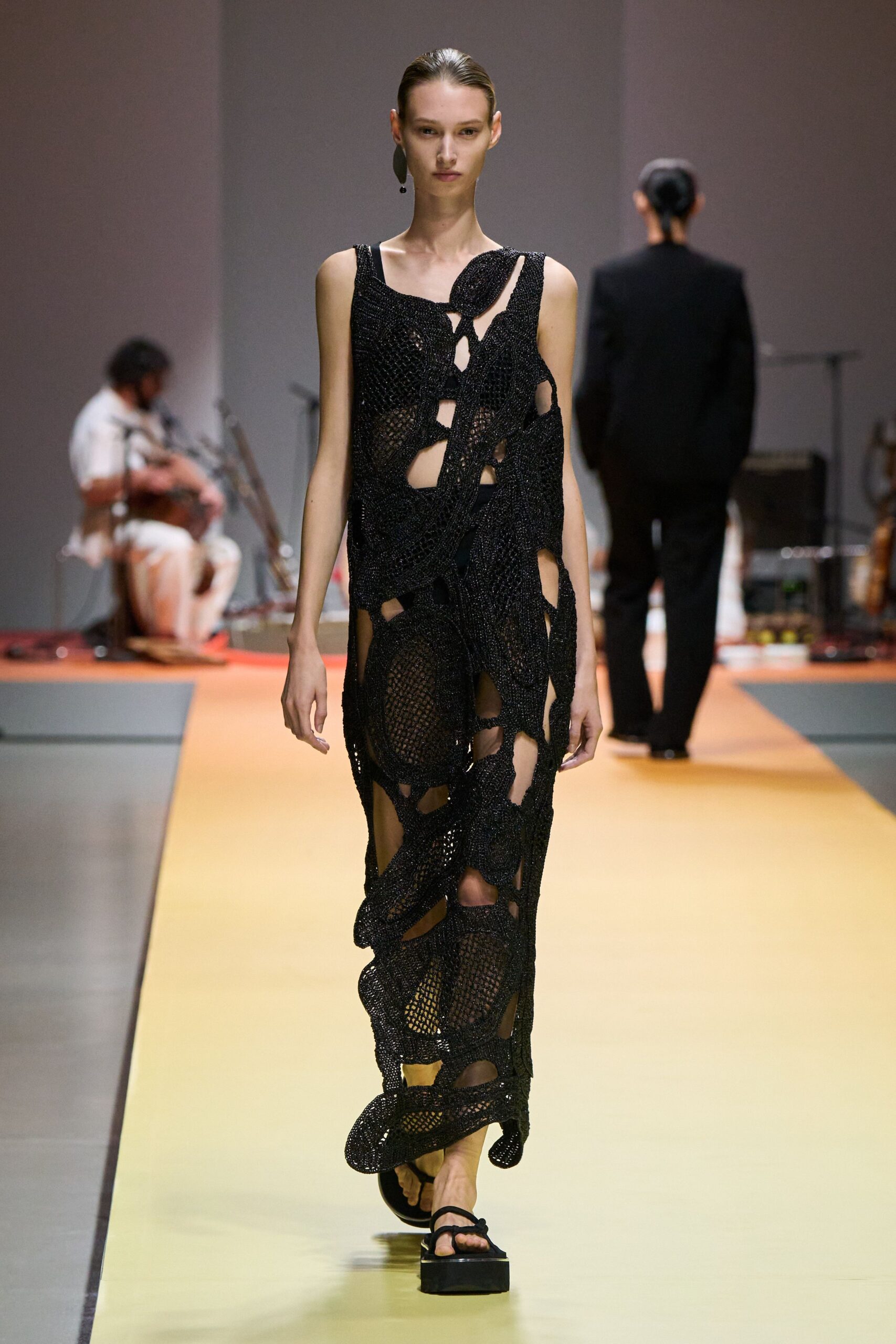 black lace sleeveless v-neck fitted draped sheer dress