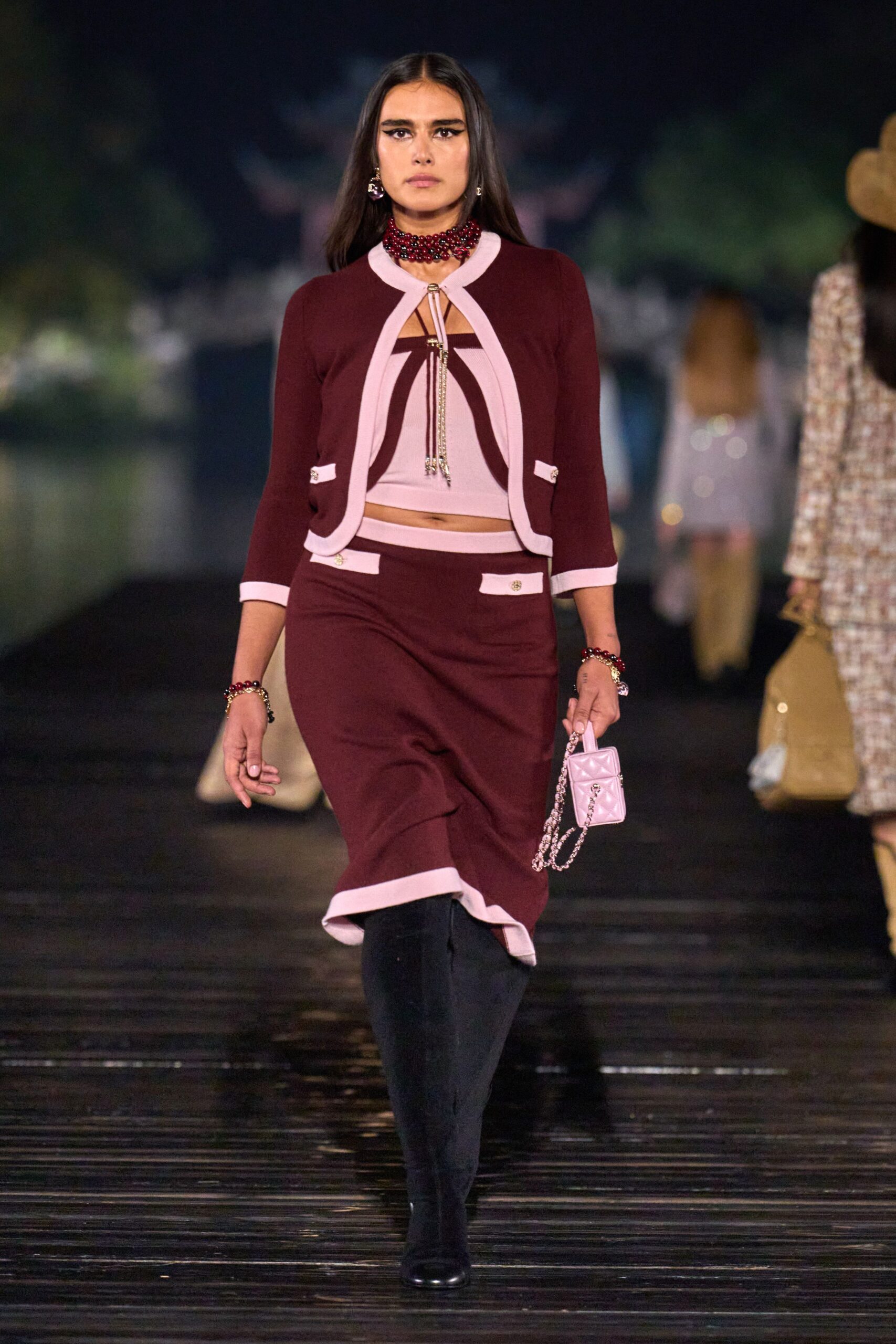 maroon jacket pink top flared skirt