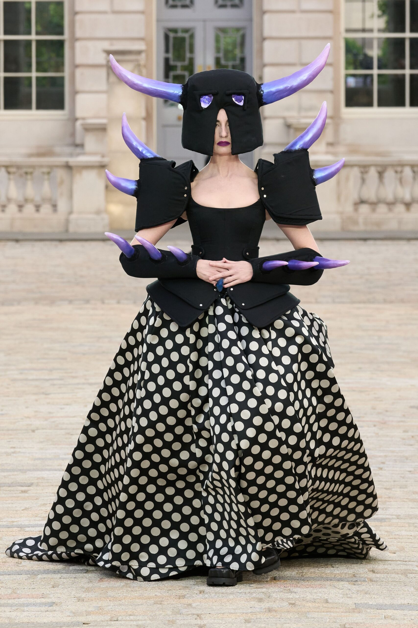 black and white polka-dot gown