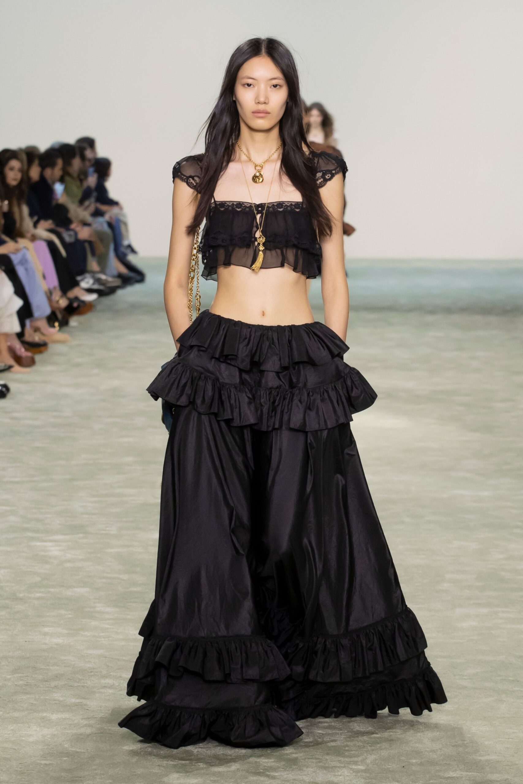 black silk sleeveless collared fitted ruffled short crop-top