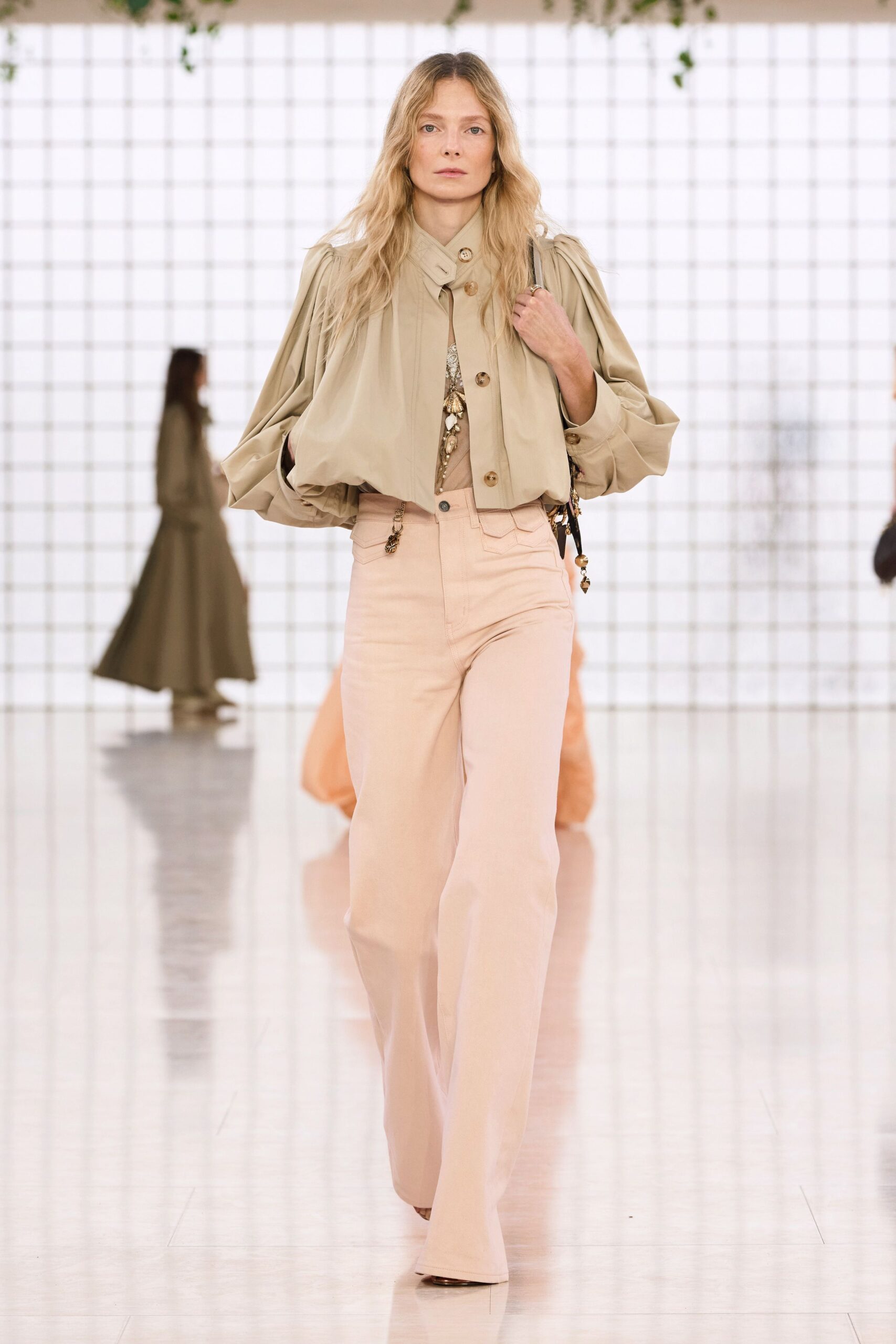beige silk long-sleeve collared relaxed pleated blouse