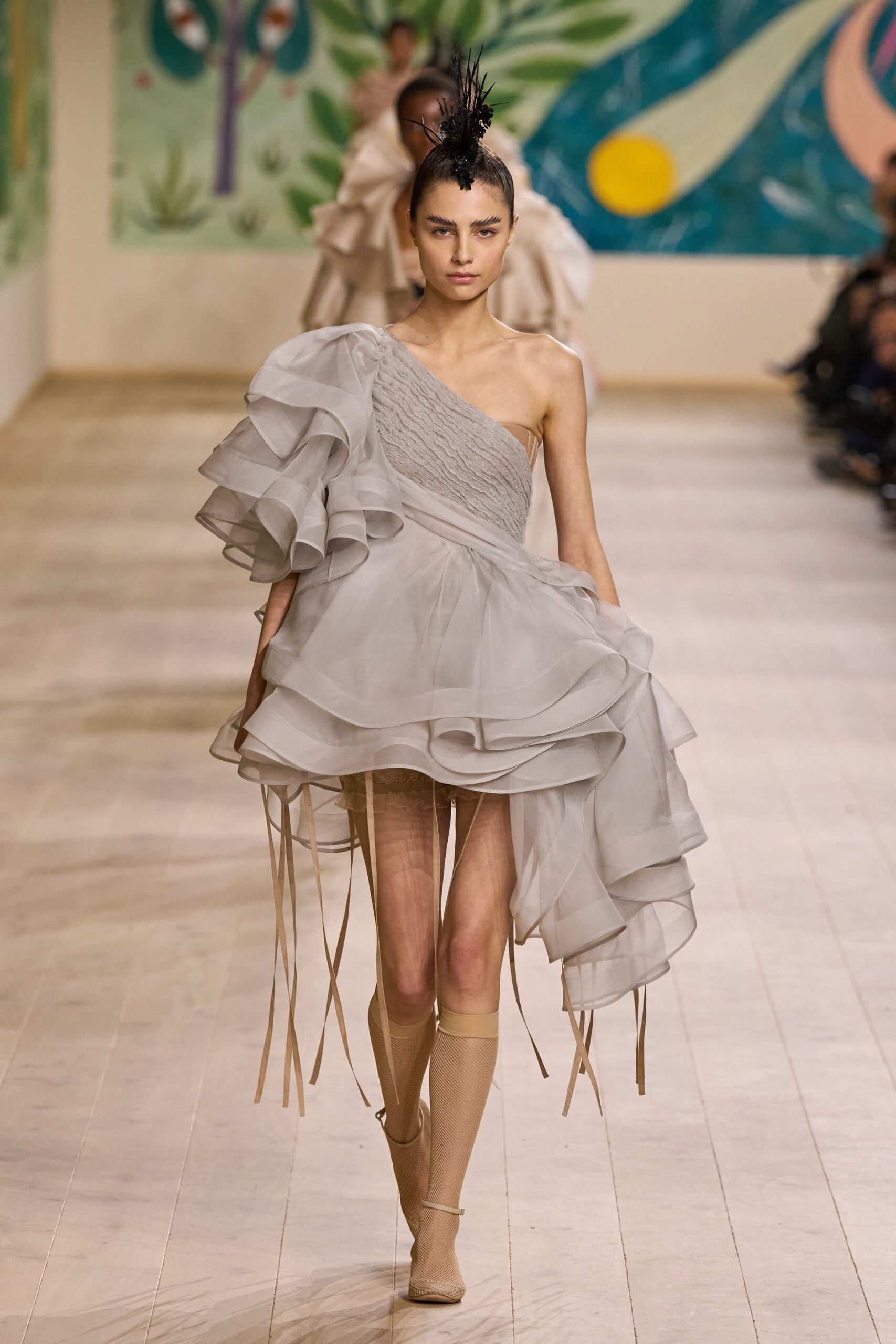 beige chiffon asymmetric ruffled dress