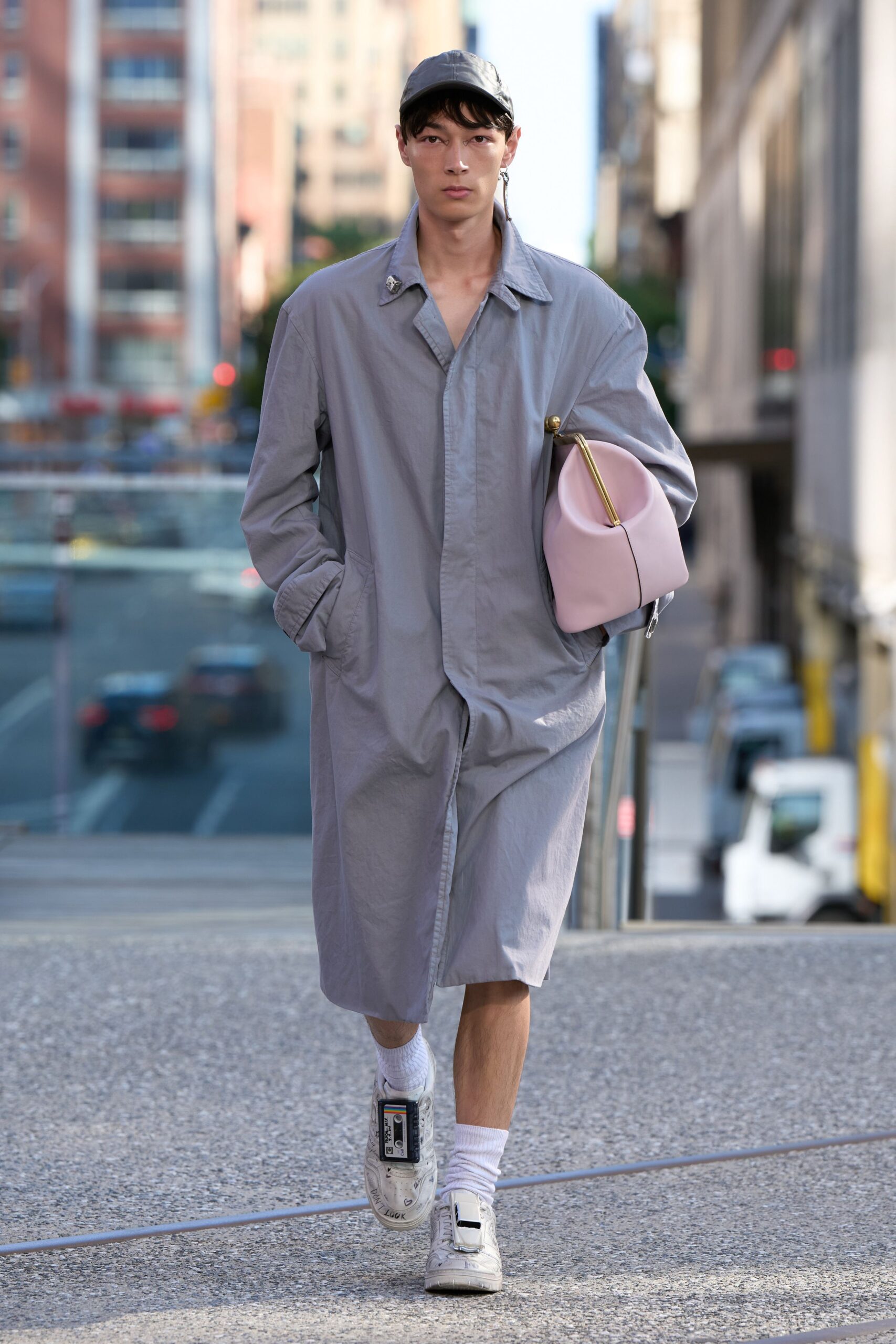 gray cotton long-sleeve collared relaxed buttoned midi coat