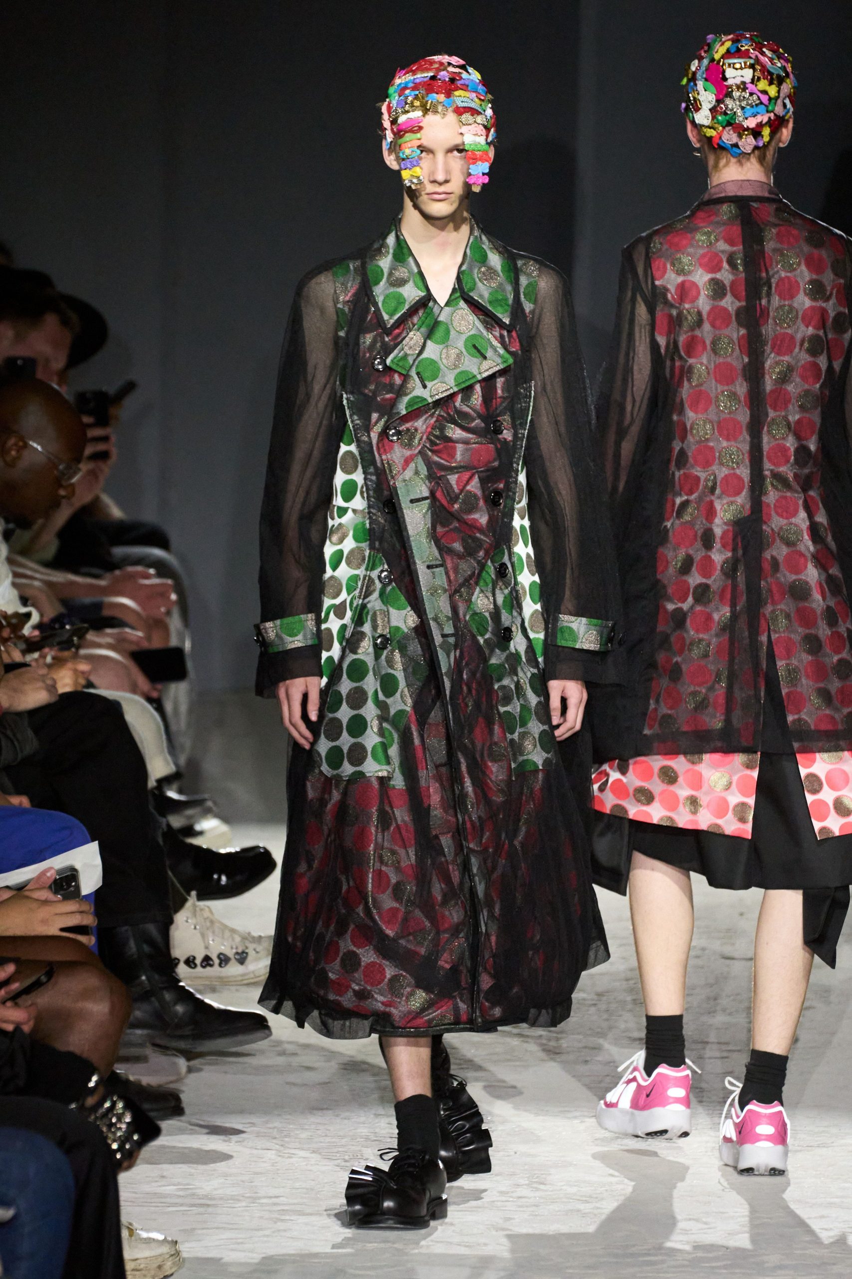 black silk long-sleeve collared relaxed layered printed dress