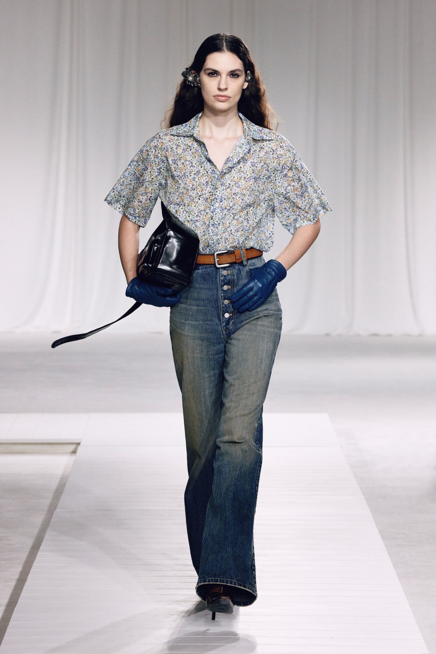 floral shirt with flared jeans