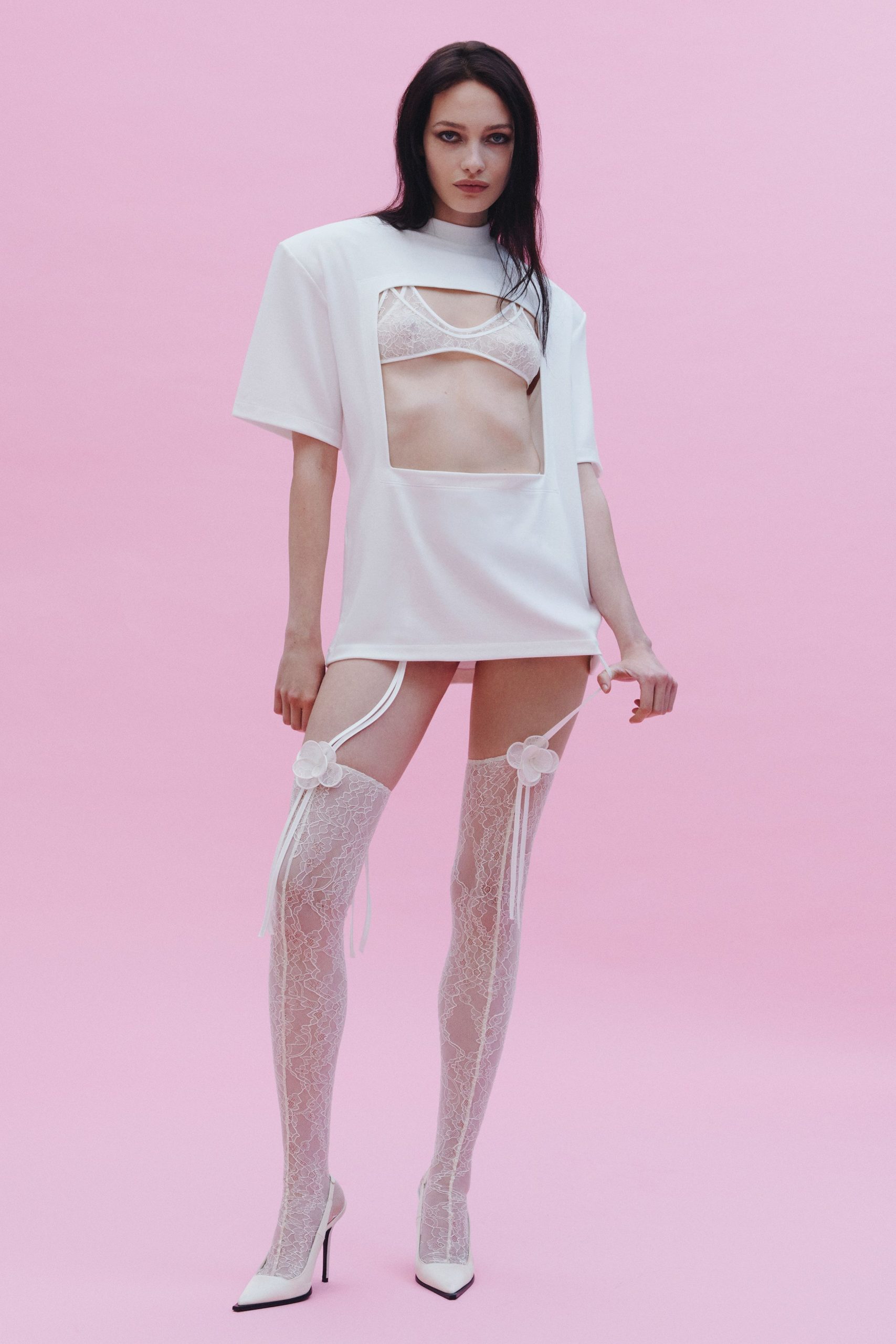 white relaxed top with lace bra