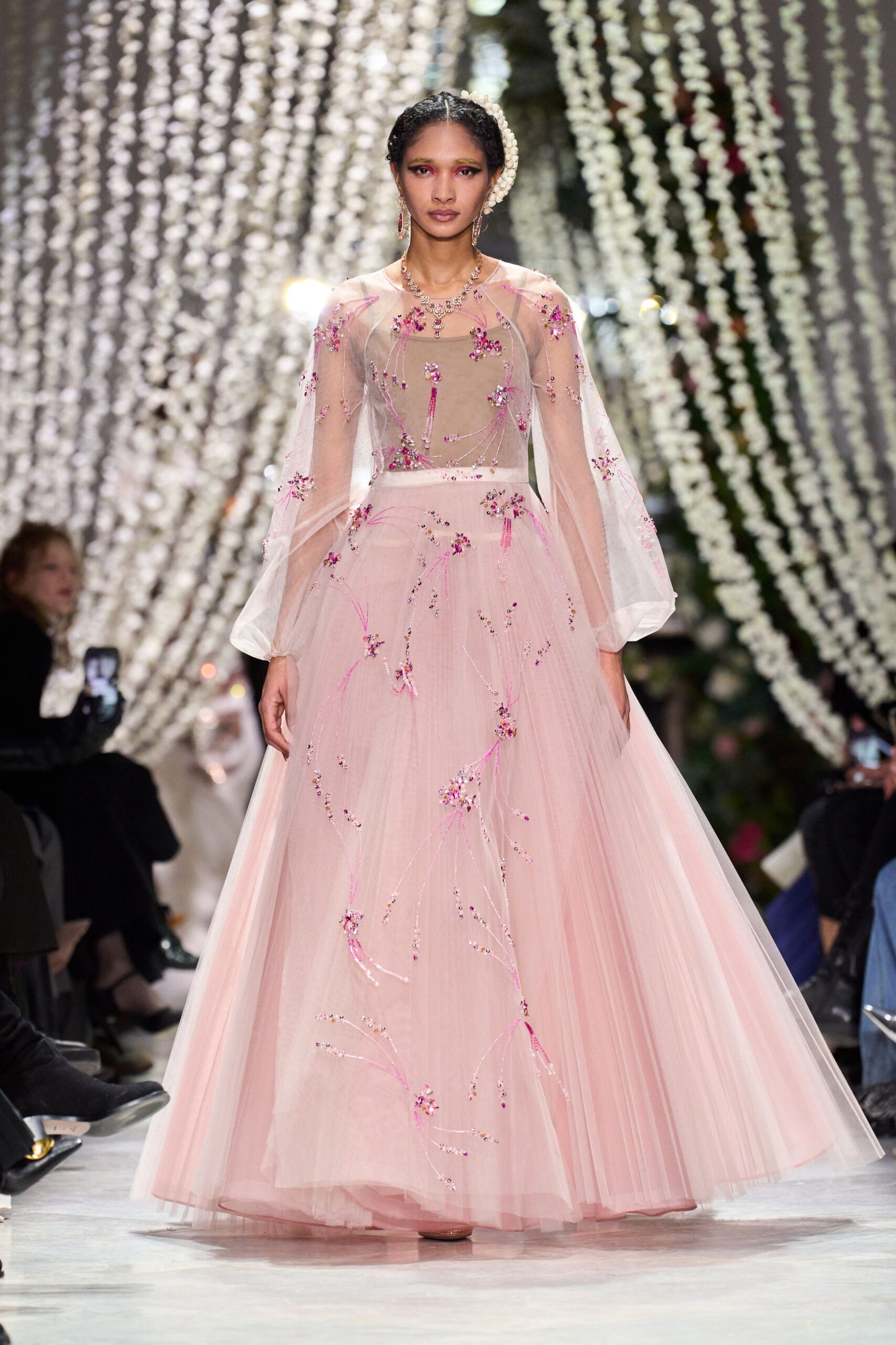 pink embroidered tulle gown