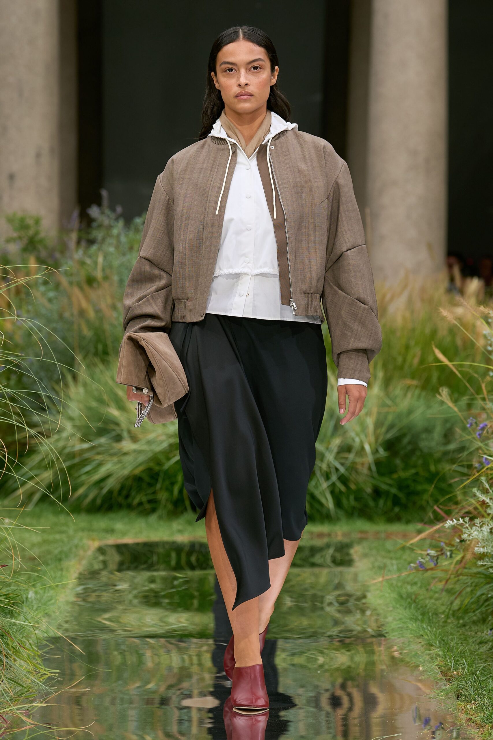 brown relaxed jacket with white shirt