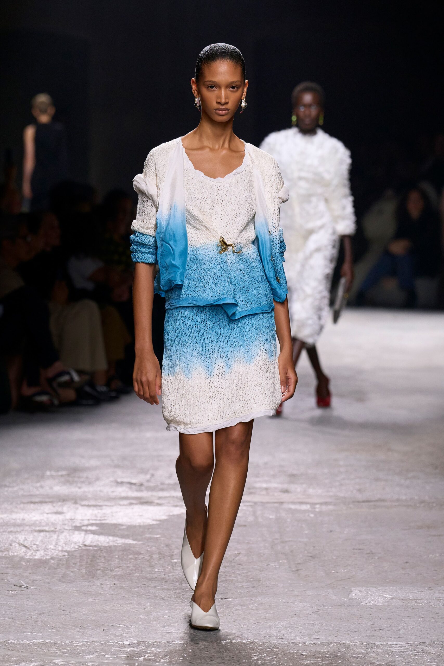 blue and white mini dress with jacket