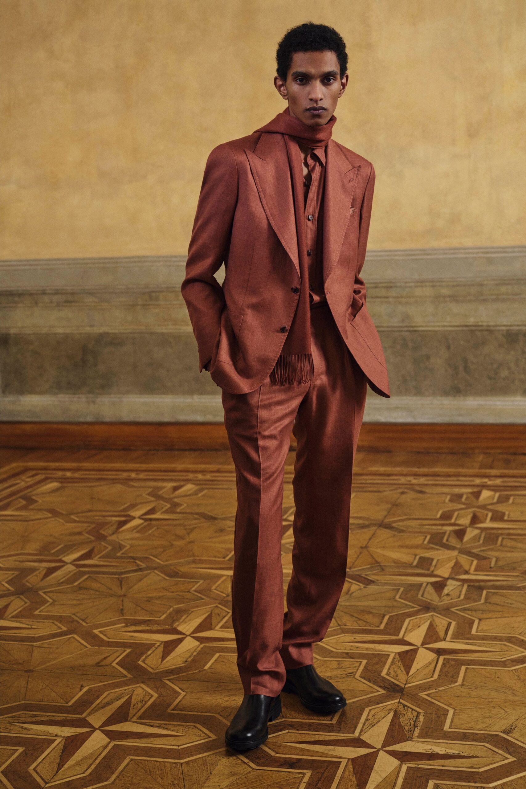 orange cotton long-sleeve collared tailored buttoned suit