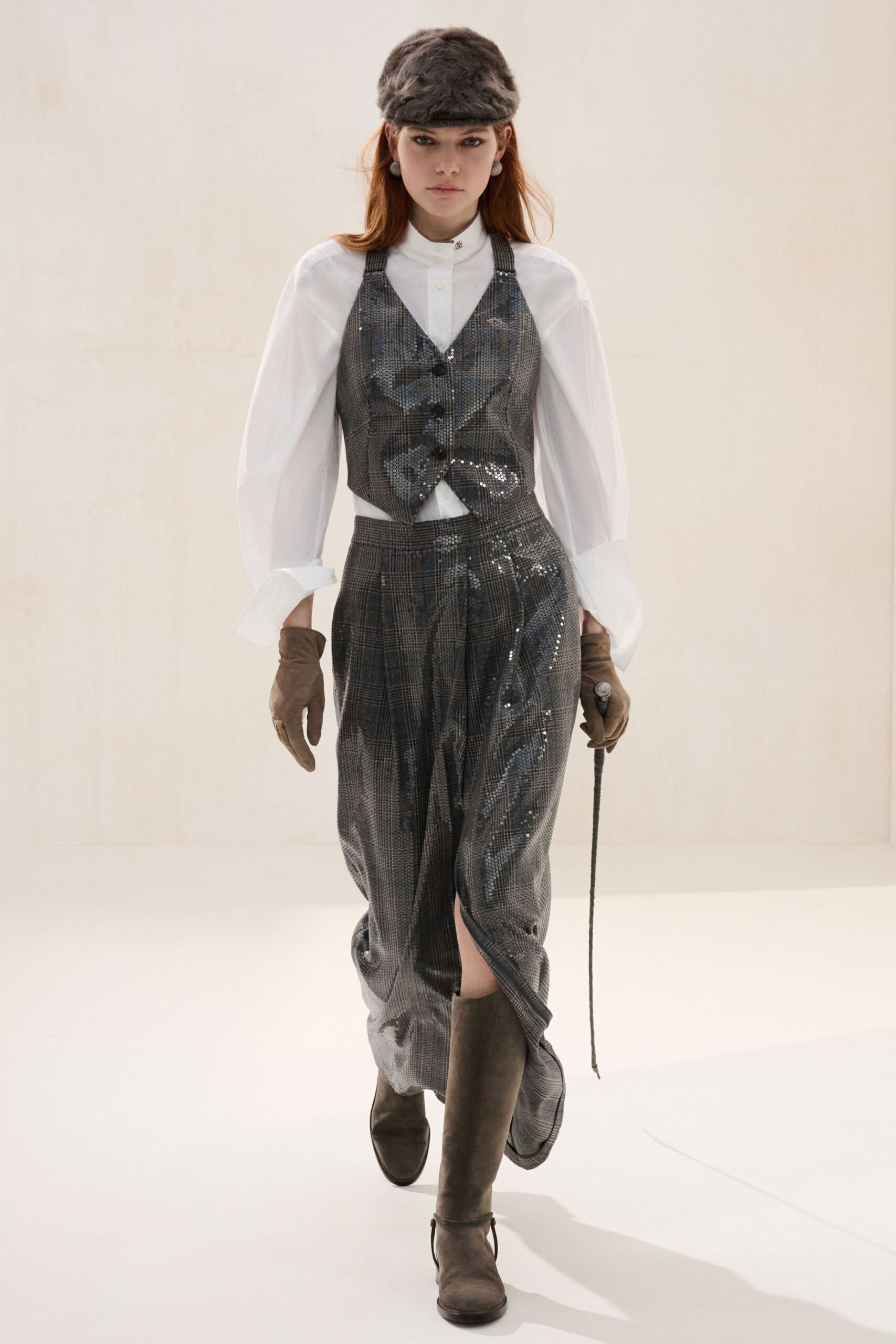 gray silk sleeveless v-neck fitted pleated vest