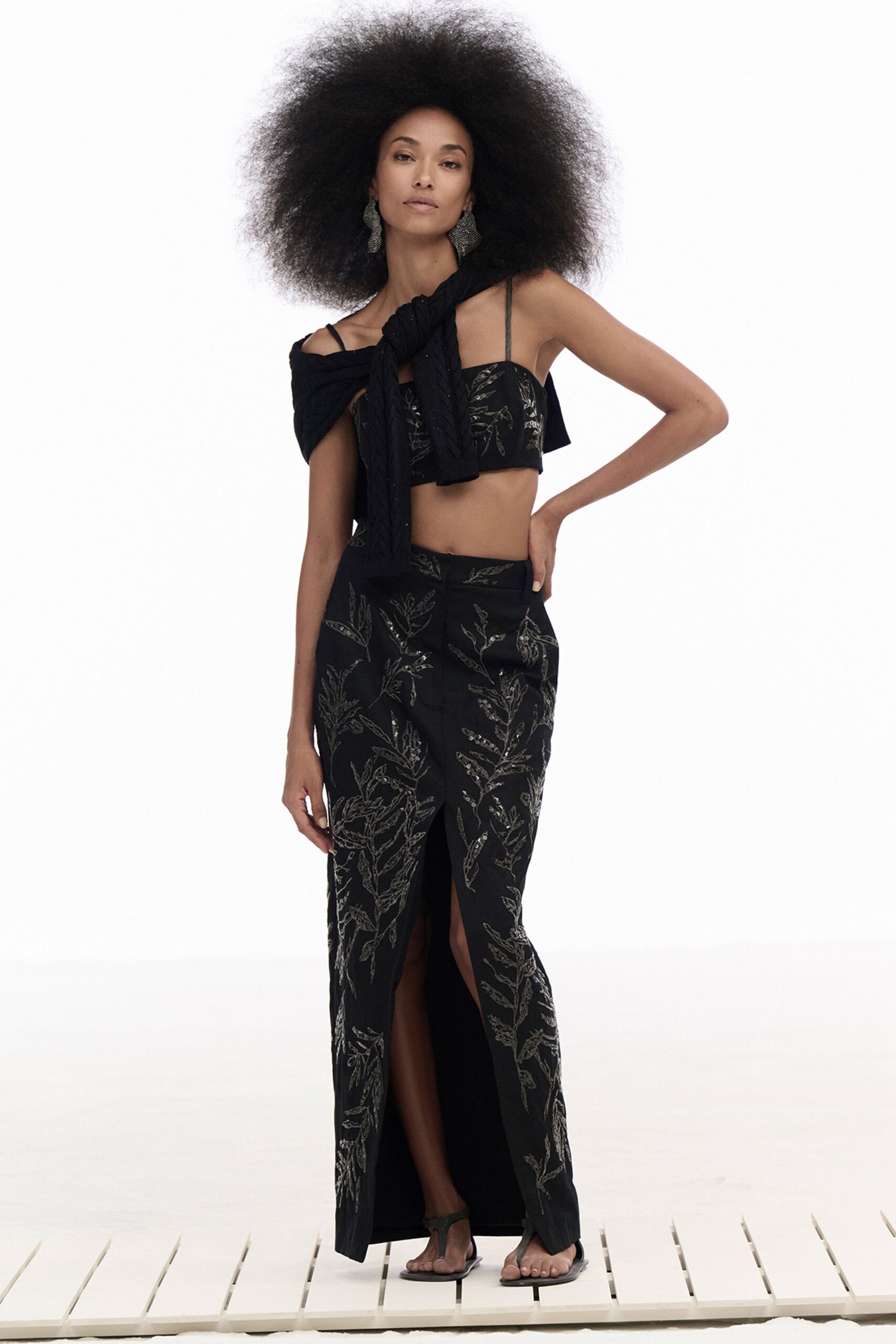 black silk sleeveless off-shoulder fitted embroidered short crop-top