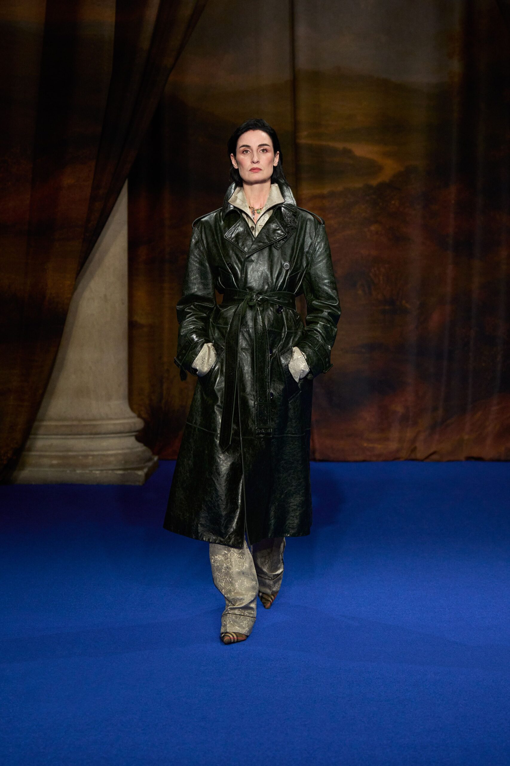 black leather long-sleeve collared fitted belted maxi coat