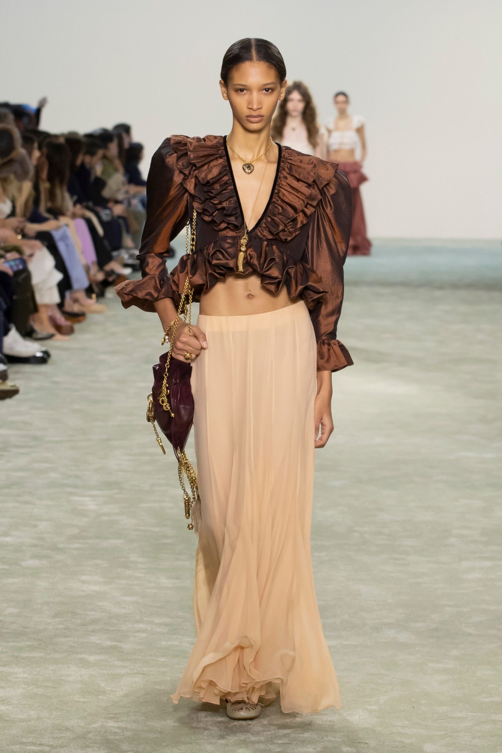 brown silk long-sleeve v-neck fitted ruffled top