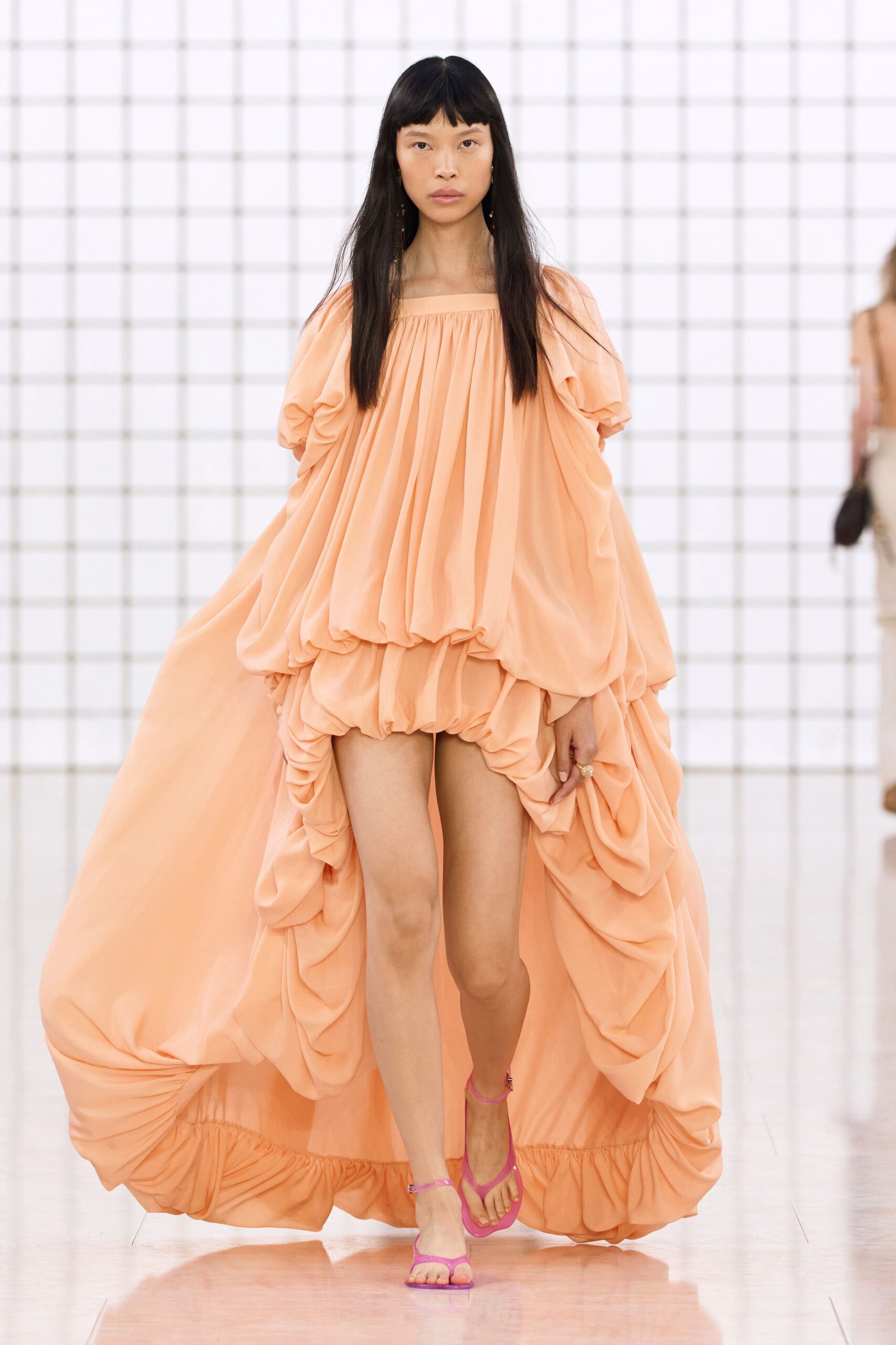 coral chiffon sleeveless off-shoulder relaxed pleated draped dress