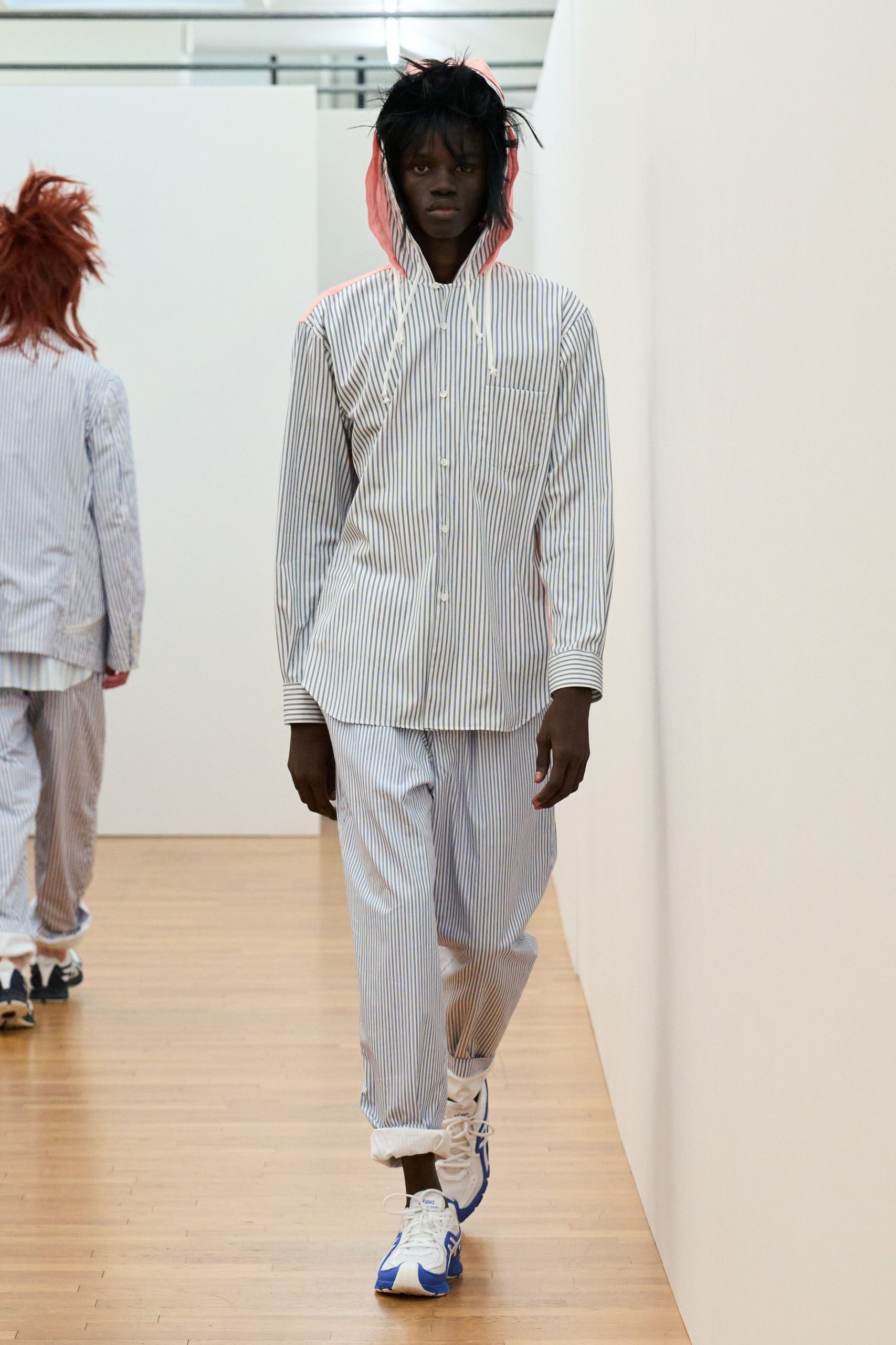 striped shirt and pants with sneakers