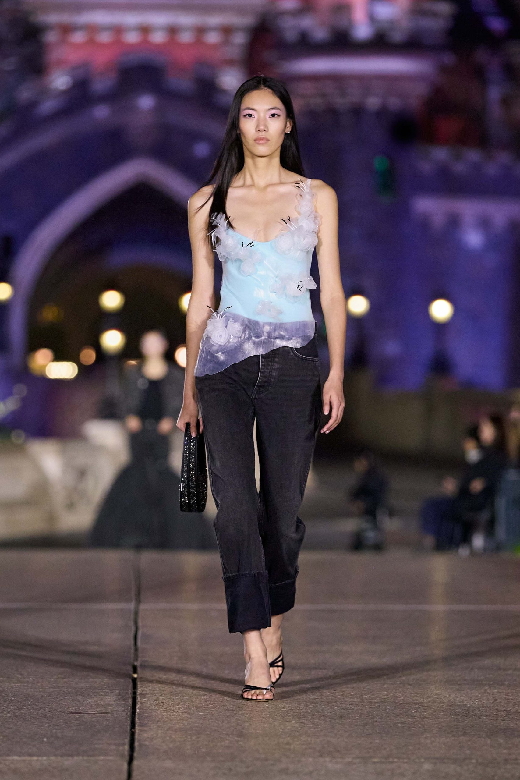 blue silk sleeveless v-neck fitted ruffled top