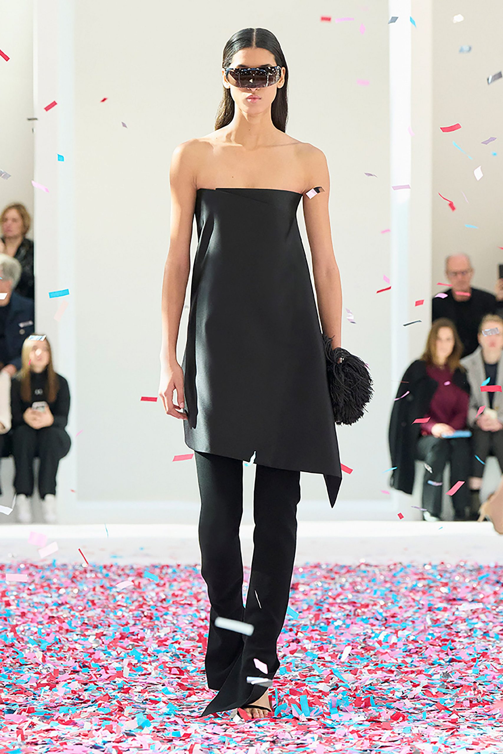 black silk strapless asymmetric fitted short dress