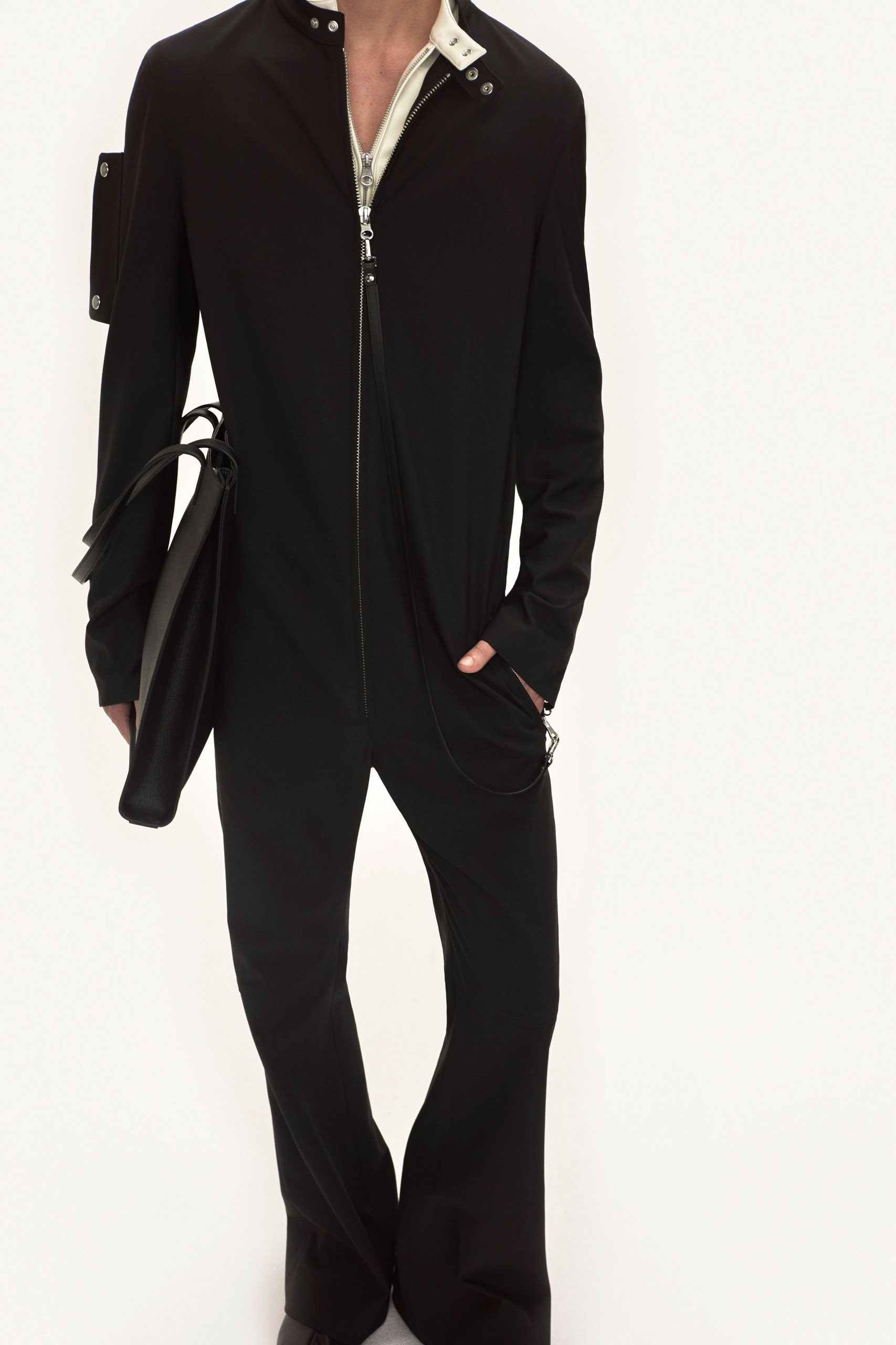 black fitted jumpsuit with bag