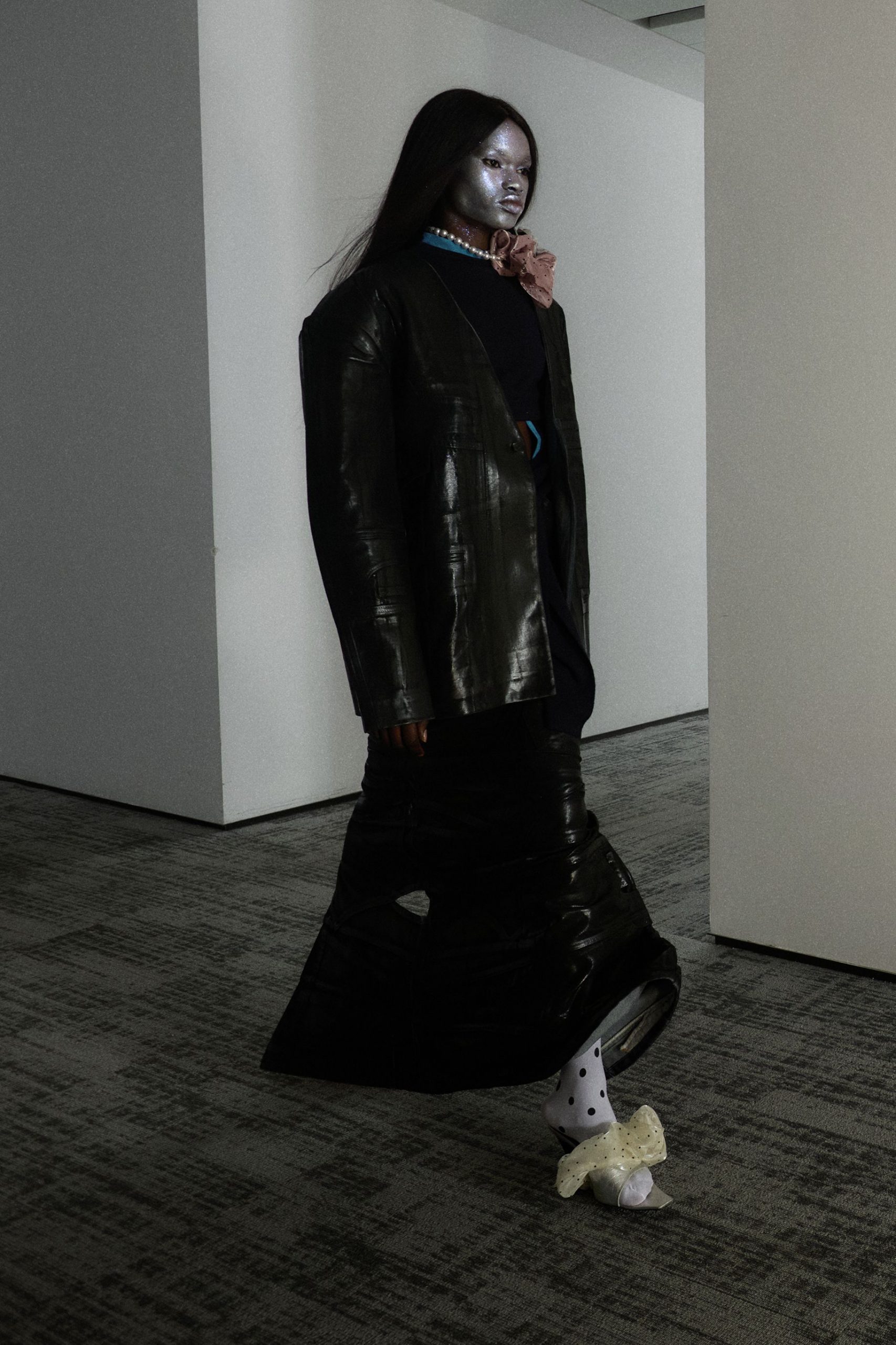 black leather blazer and skirt
