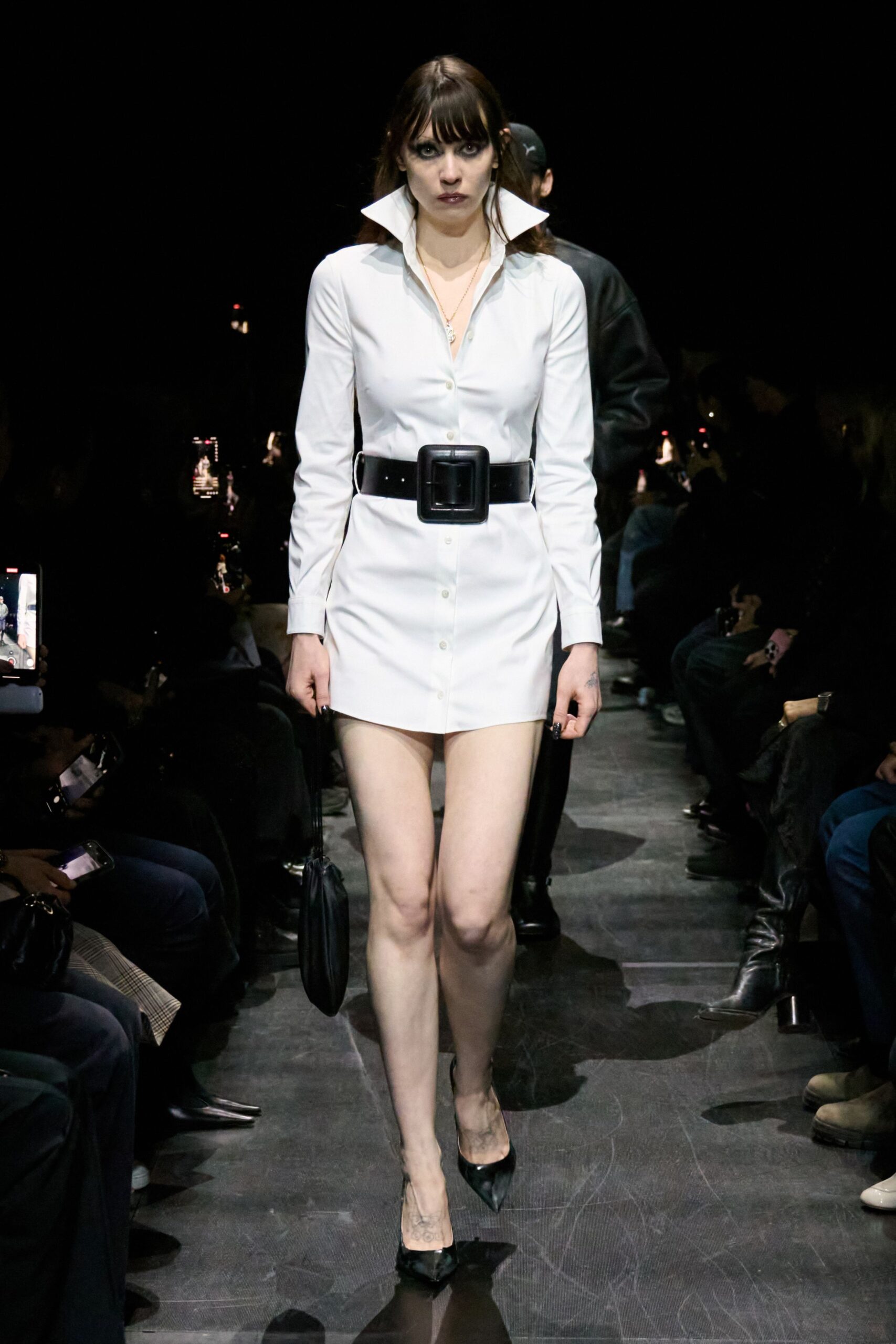 white cotton long-sleeve collared fitted buttoned mini shirt-dress