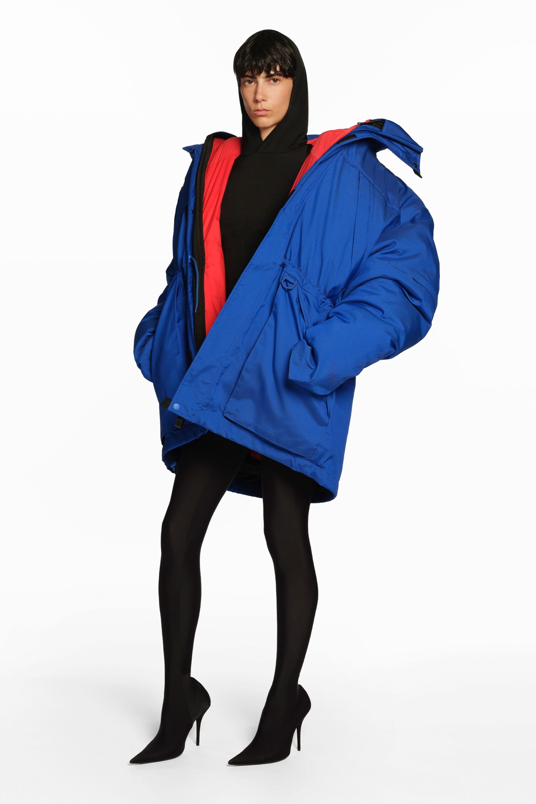 blue cotton long-sleeve hooded oversized longline jacket