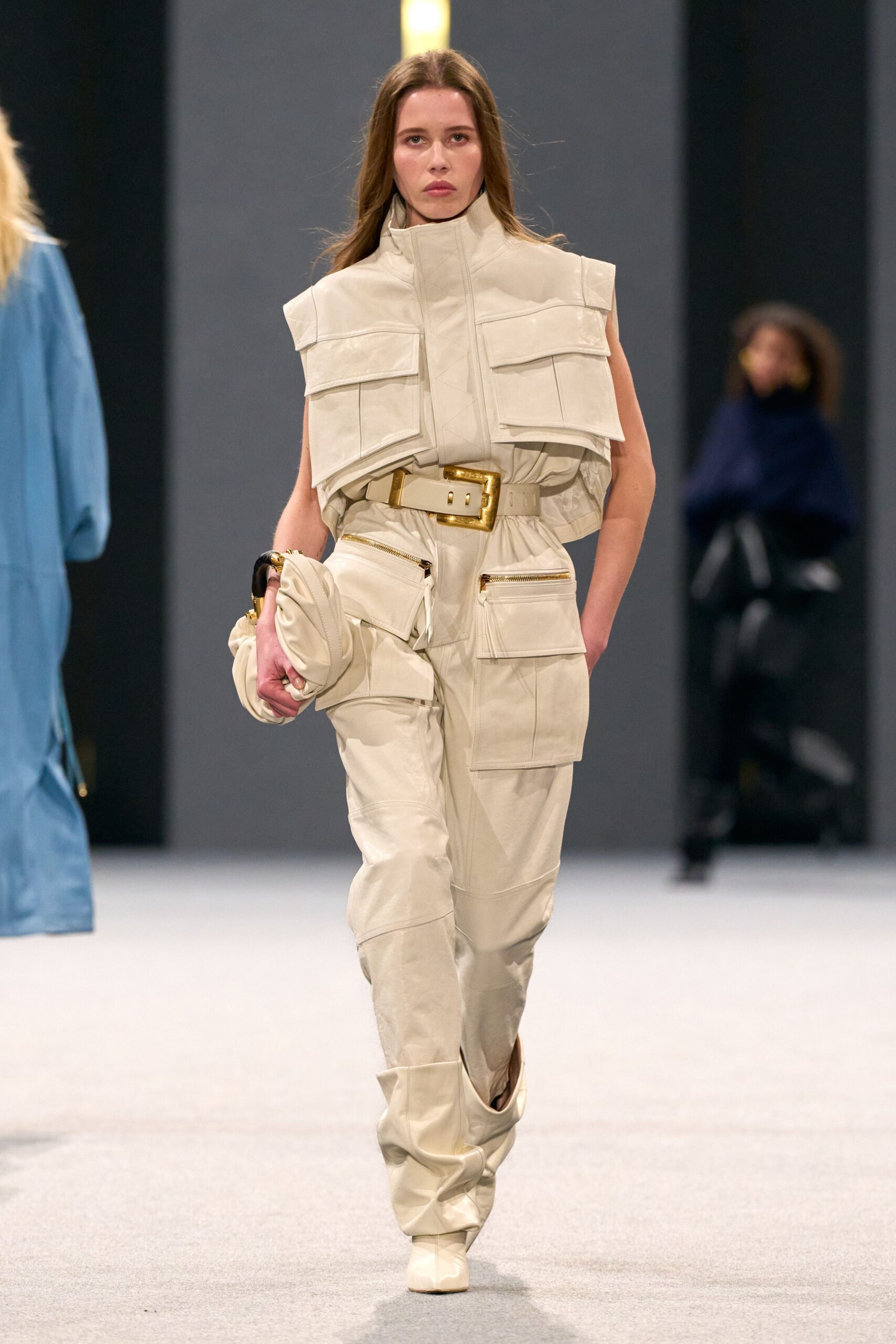 beige cotton sleeveless fitted zippered pockets jumpsuit