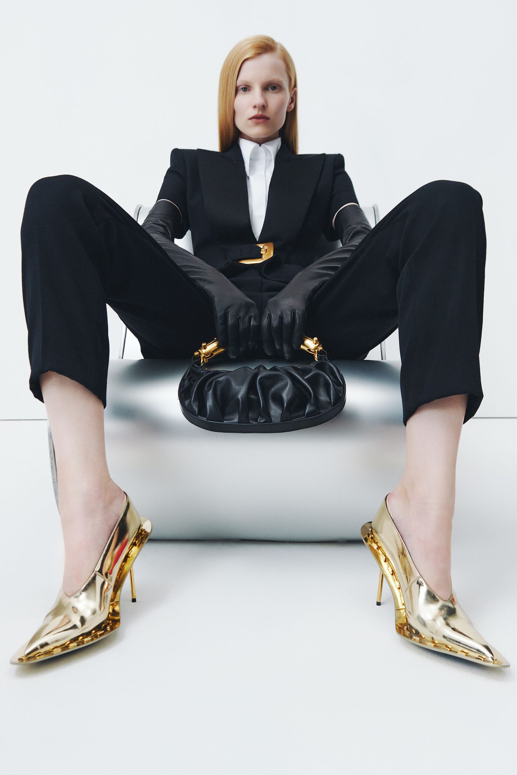 black wool structured straight-leg pants