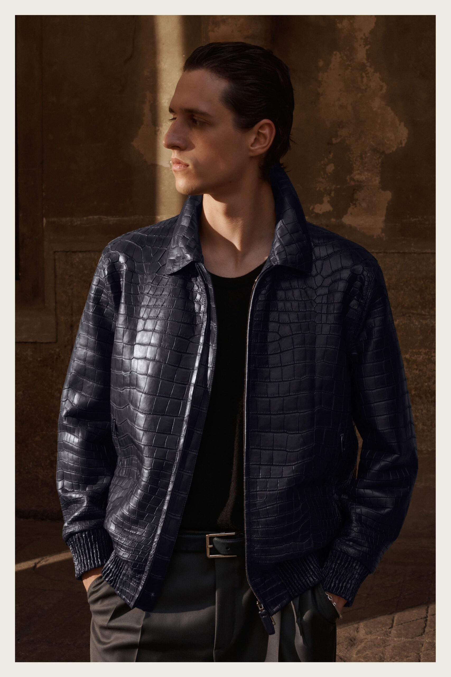 blue leather long-sleeve collared relaxed zippered jacket