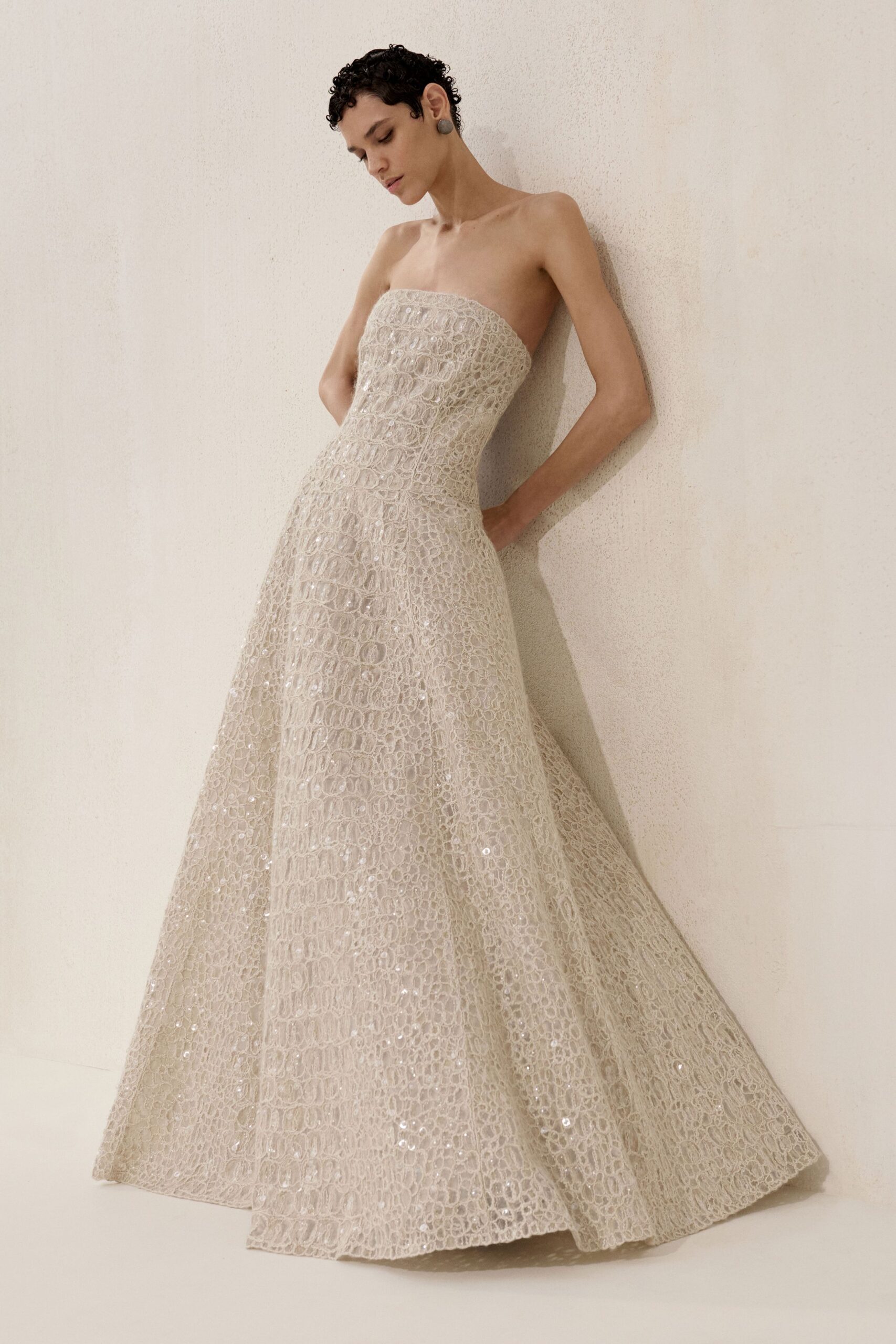 beige strapless embellished gown