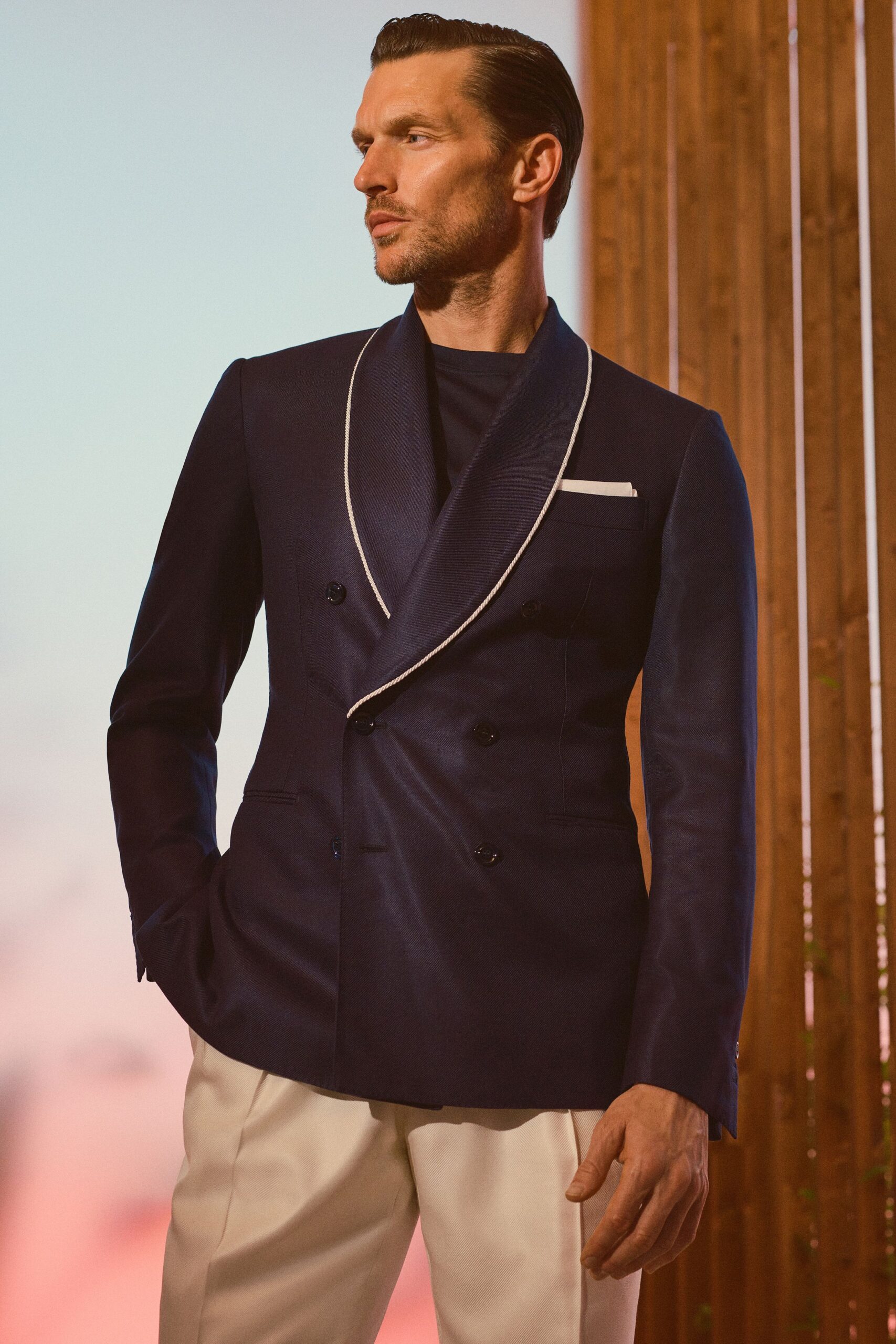 blue silk long-sleeve collared tailored zippered blazer