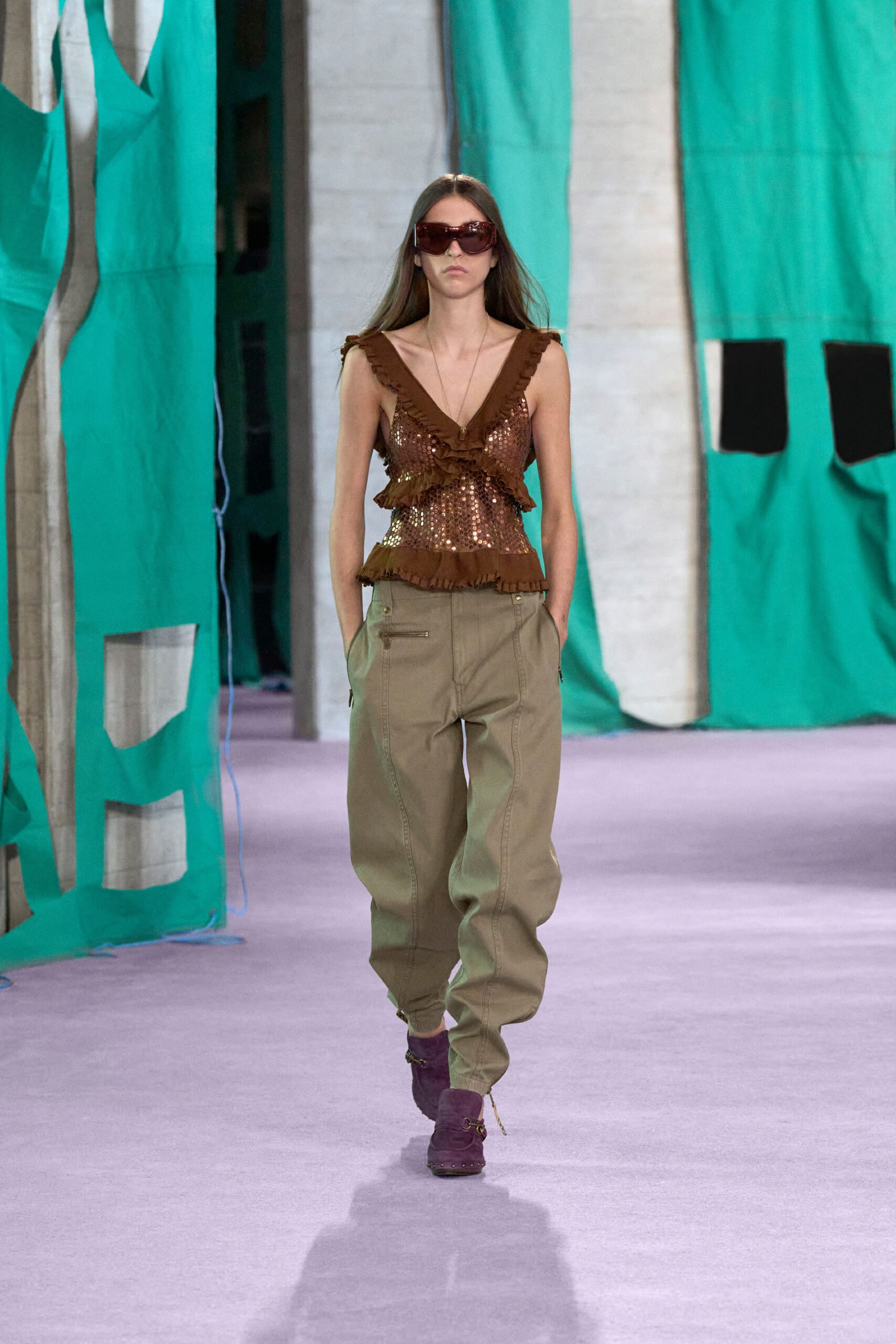 brown silk sleeveless v-neck fitted ruffled top