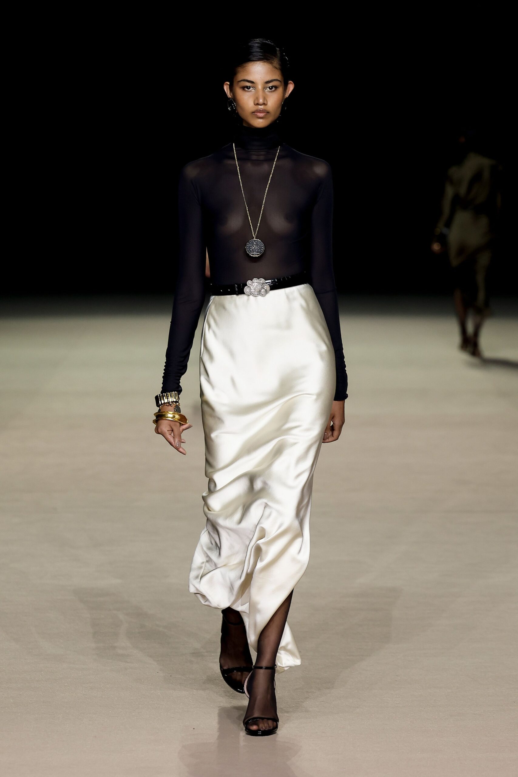 black sheer top white midi skirt