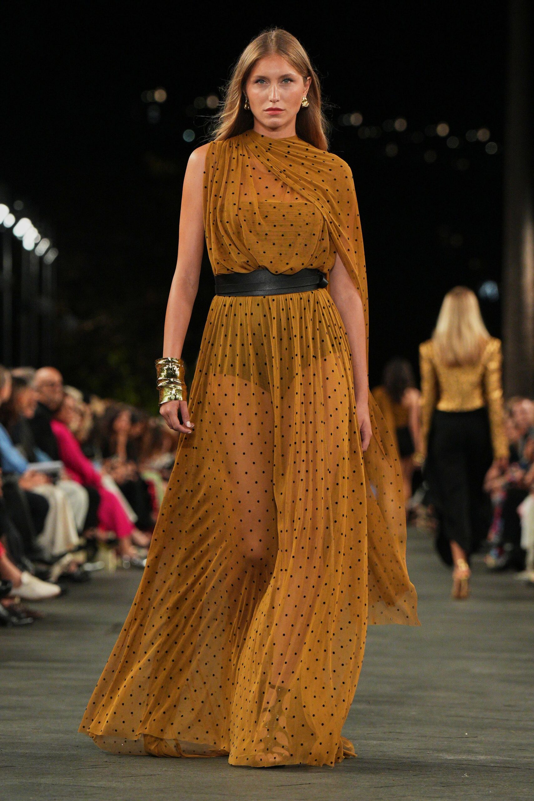 orange polka dot gown with belt