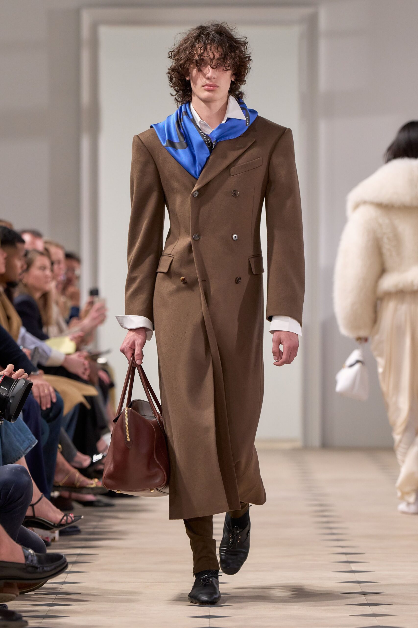 brown tailored coat with scarf