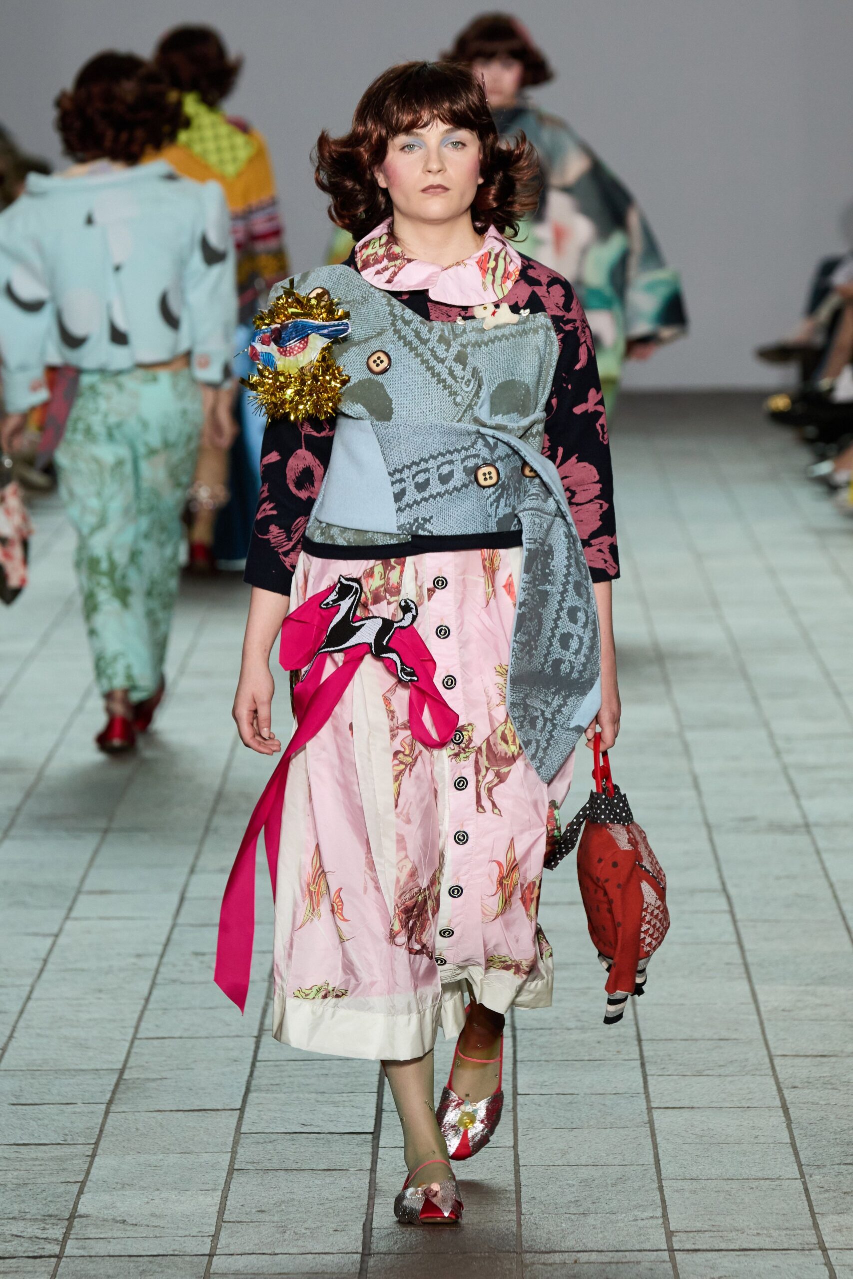 pink cotton long-sleeve collared relaxed printed buttoned dress