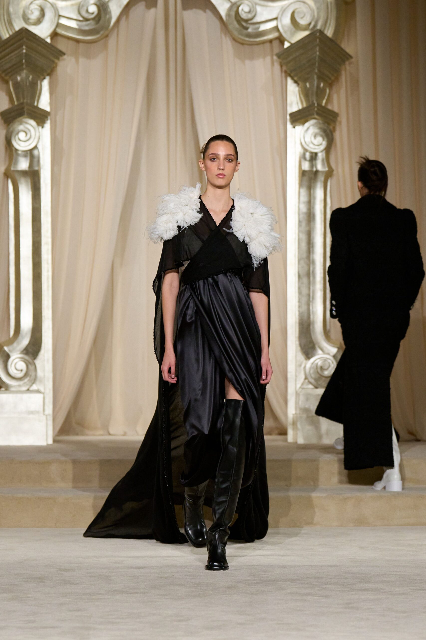black silk gown with boots