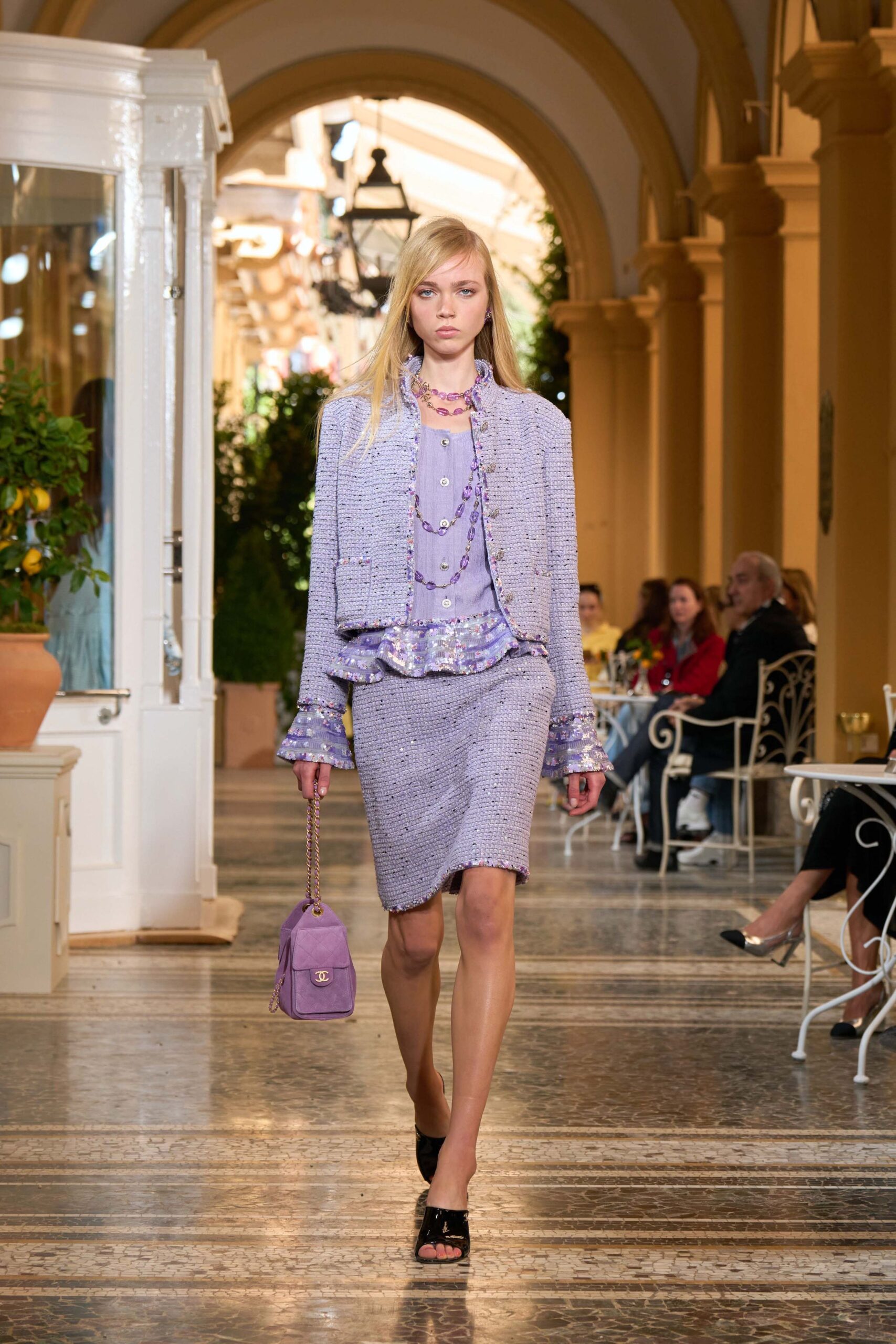 purple sequin long-sleeve collared structured embellished pockets jacket