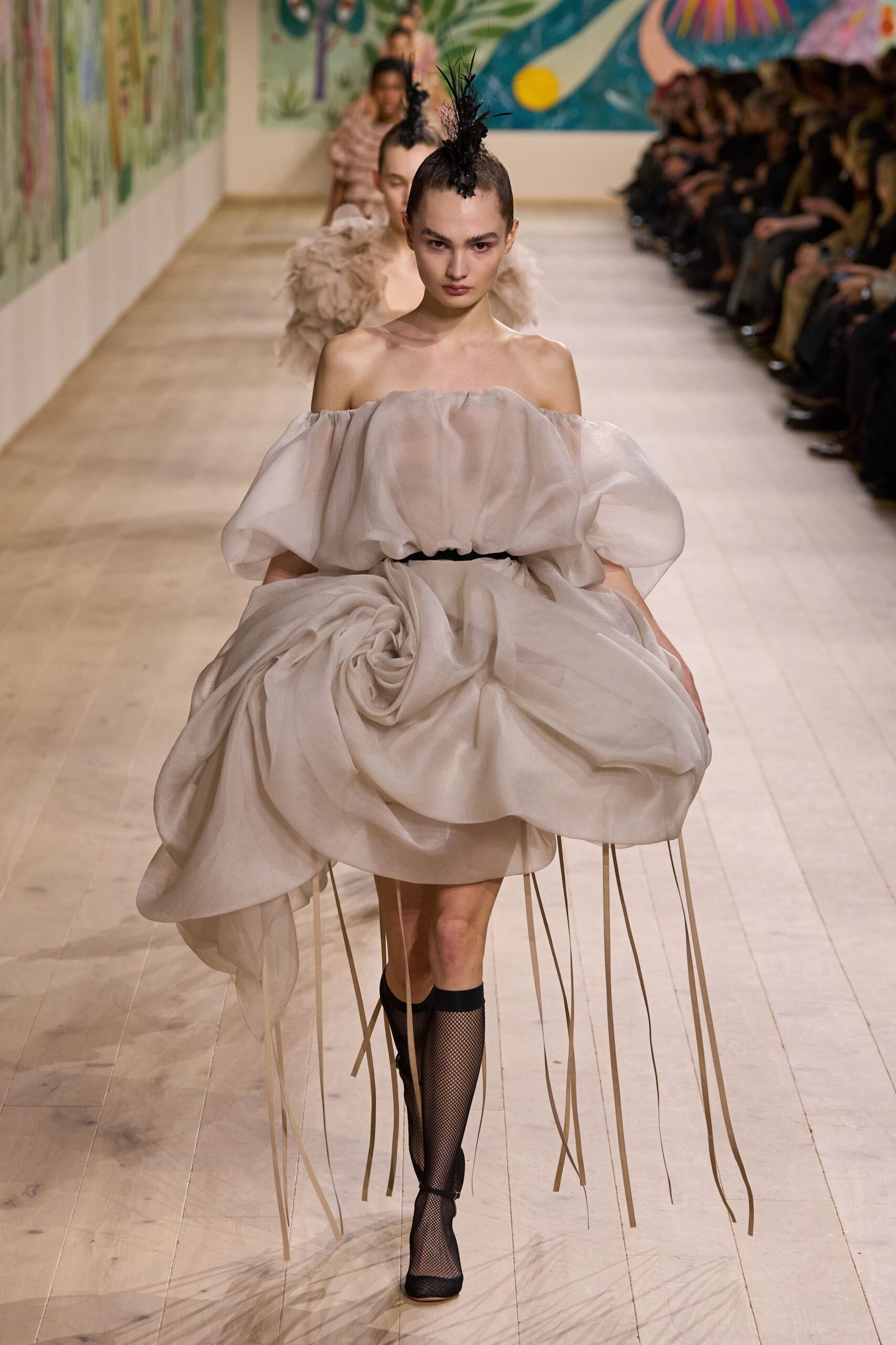 beige tulle off-shoulder relaxed pleated draped flowing dress